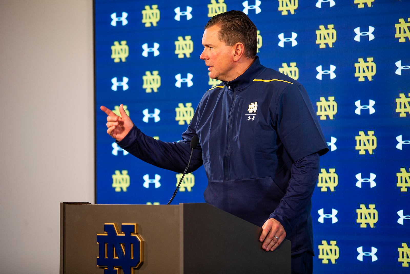 FILE - Notre Dame defensive coordinator Al Golden speaks during a media availability Wednesday, Feb. 16, 2022, at Notre Dame Stadium in South Bend, Ind. If Notre Dame is going to beat Ohio State for the first time since 1936, everyone in South Bend knows the defense must ace its test. (Michael Caterina/South Bend Tribune via AP, File)