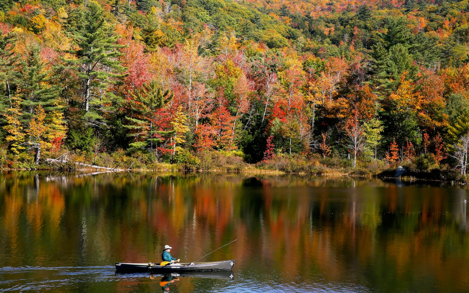 A fly fisherman paddles on a pond as fall foliage begins to show color in Campton, N.H., Sunday, Oct. 6, 2024. (AP Photo/Caleb Jones)