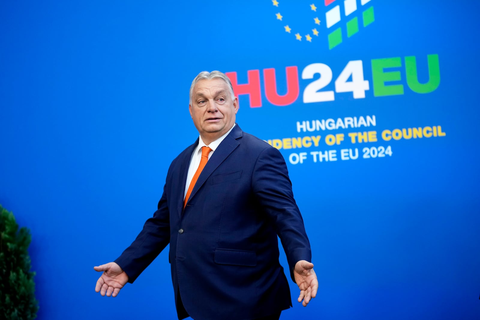 Hungary's Prime Minister Viktor Orban gestures during arrivals for an EU Summit at the Puskas Arena in Budapest, Hungary, Friday, Nov. 8, 2024. (AP Photo/Petr David Josek)