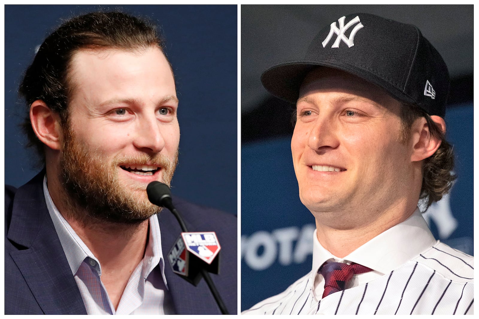 FILE - This combo of file photos shows Houston Astros starting pitcher Gerrit Cole on Oct. 14, 2019, and being introduced as a New York Yankees player on Dec. 18, 2019. (AP Photo/File)