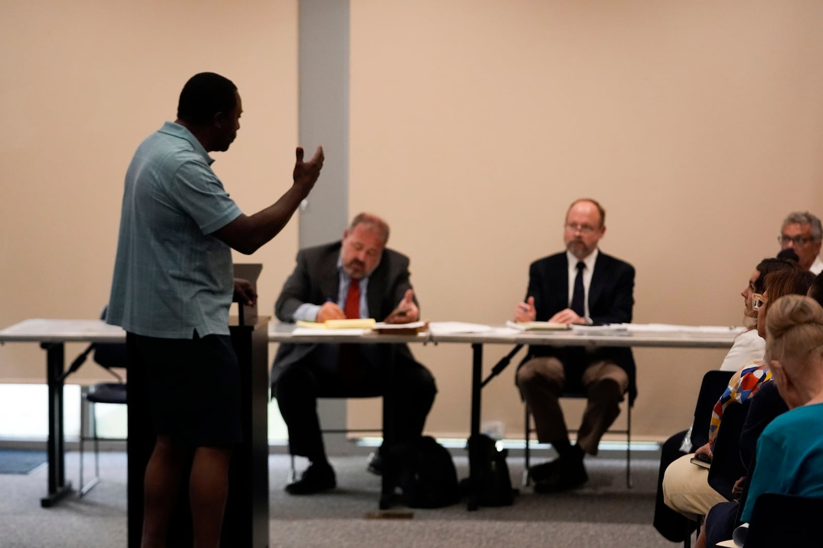 Arthur Blue, 72, who grew up in Elkinsville, speaks at a public hearing on the St. Charles Clean Fuels' coastal use permit application, Thursday, Aug. 22, 2024, in Destrehan, La. (AP Photo/Gerald Herbert)