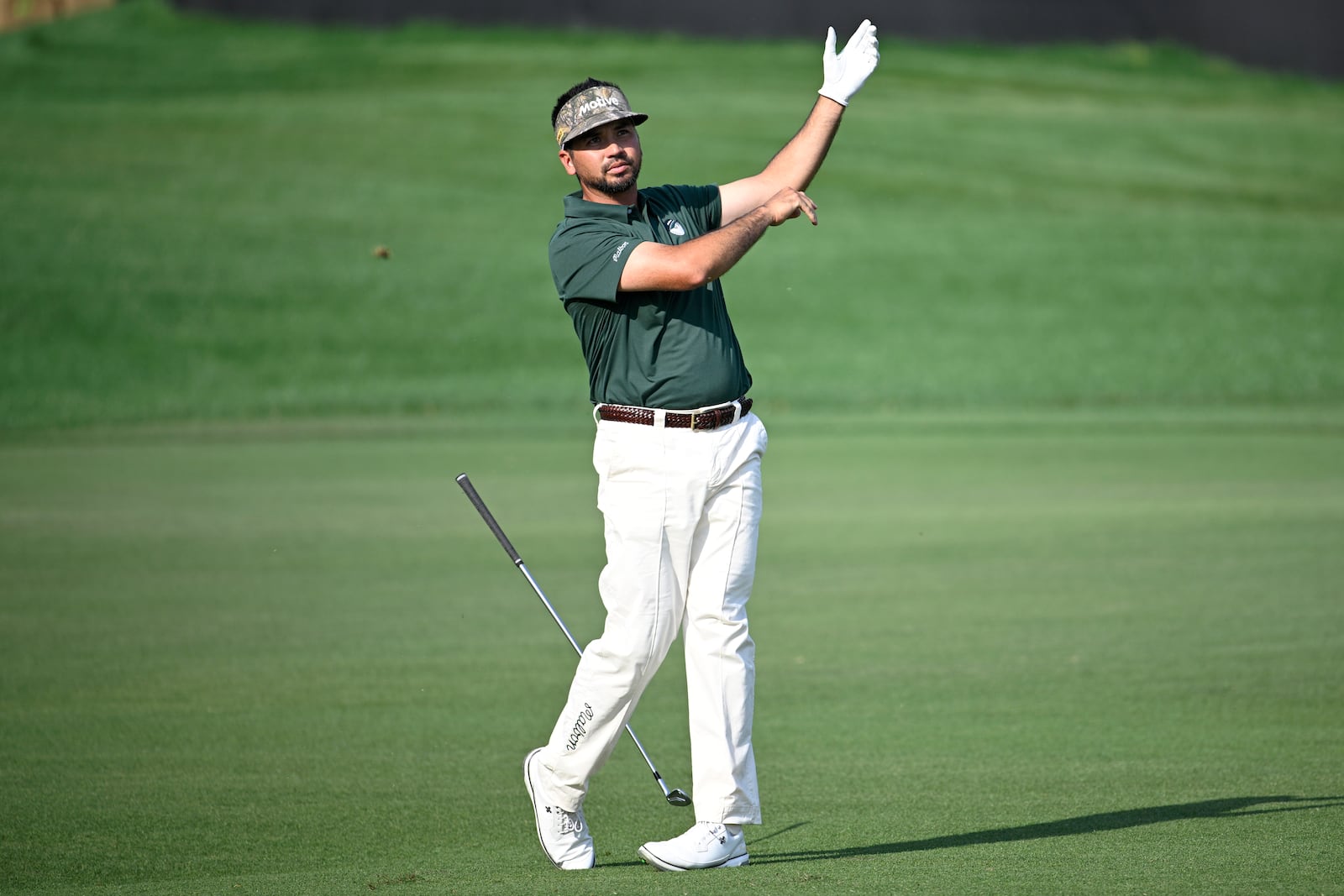 Jason Day, of Australia, reacts after hitting into the water from the 16th fairway during the final round of the Arnold Palmer Invitational at Bay Hill golf tournament, Sunday, March 9, 2025, in Orlando, Fla. (AP Photo/Phelan M. Ebenhack)