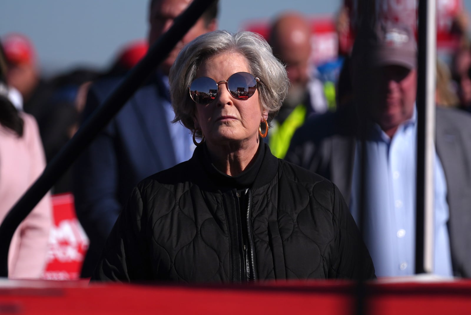 Susie Wiles watches as Republican presidential nominee former President Donald Trump speaks at a campaign rally in Lititz, Pa., Sunday, Nov. 3, 2024. (AP Photo/Evan Vucci)