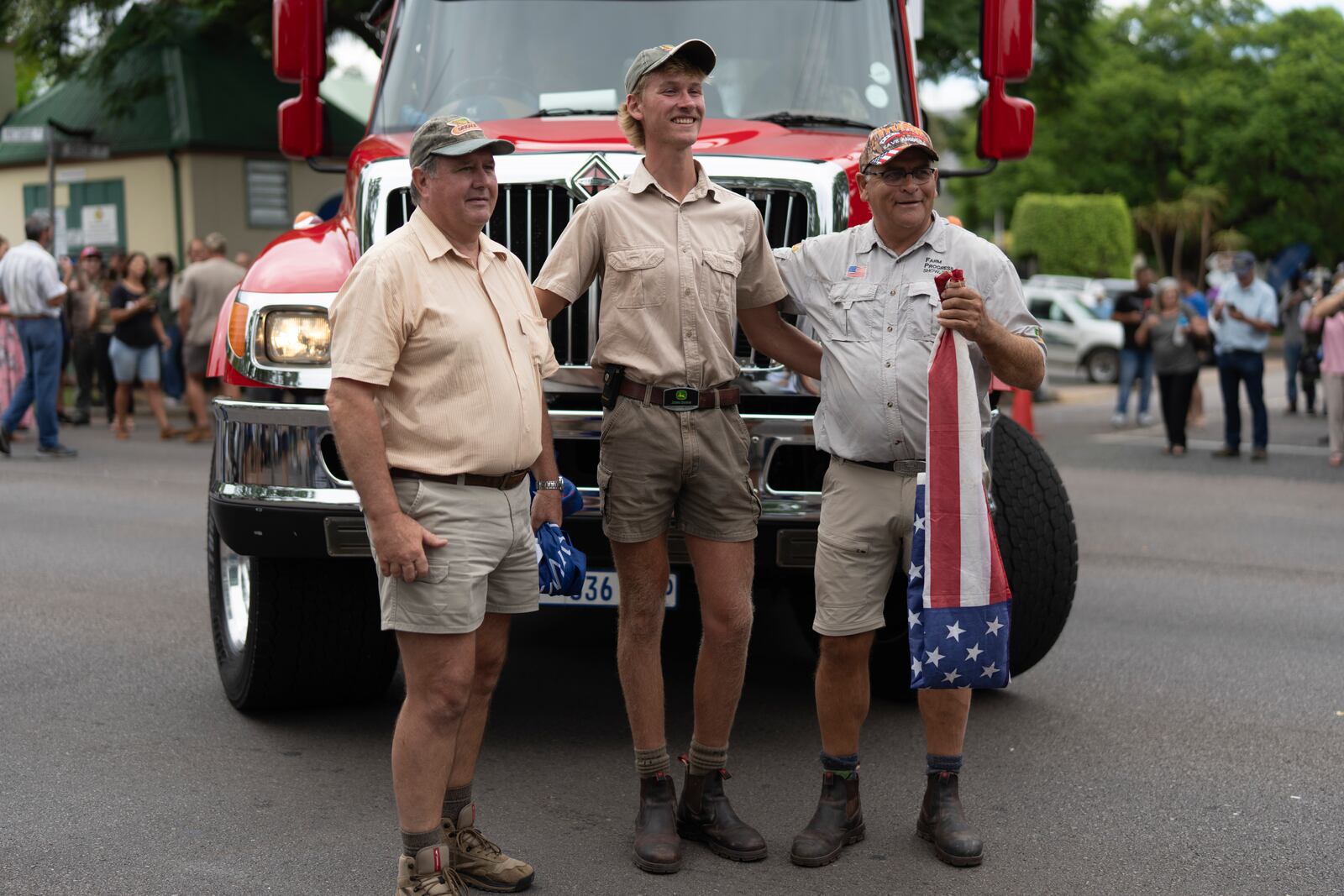 White South Africans demonstrate in support of U.S. President Donald Trump in front of the U.S. embassy in Pretoria, South Africa, Saturday, Feb. 15, 2025. (AP Photo/Jerome Delay)