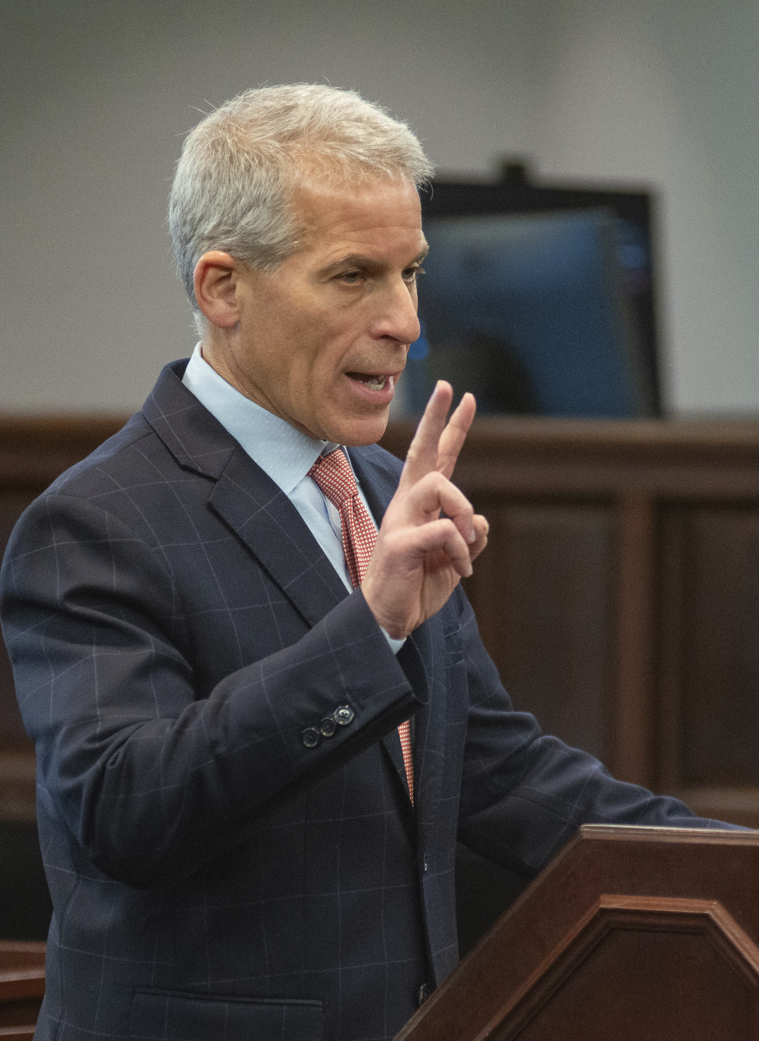 Lead defense lawyer Brian Steel makes his opening statement to the jury Tuesday, Jan. 28, 2025, in Brunswick, Ga., in the trial of former Brunswick Judicial Circuit District Attorney Jackie Johnson who is accused of obstruction of justice and violating her oath of office. (Terry Dickson/The Brunswick News via AP, Pool)