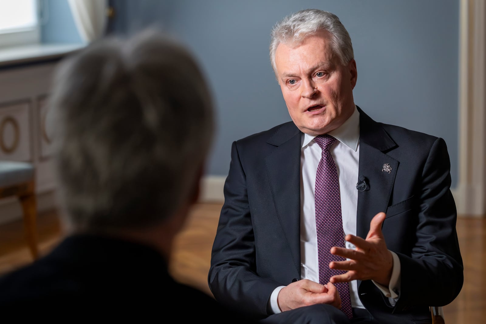 Lithuanian President Gitanas Nauseda speaks during an interview with The Associated Press at the President's palace in Vilnius, Lithuania, Thursday, Jan. 30, 2025. (AP Photo/Mindaugas Kulbis)