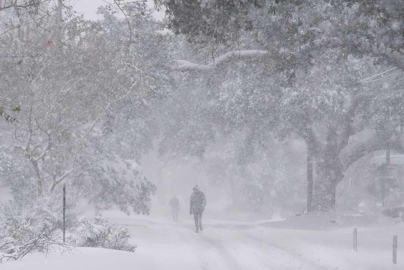 People walk as snow falls in New Orleans, Tuesday, Jan. 21, 2025. (AP Photo/Gerald Herbert)