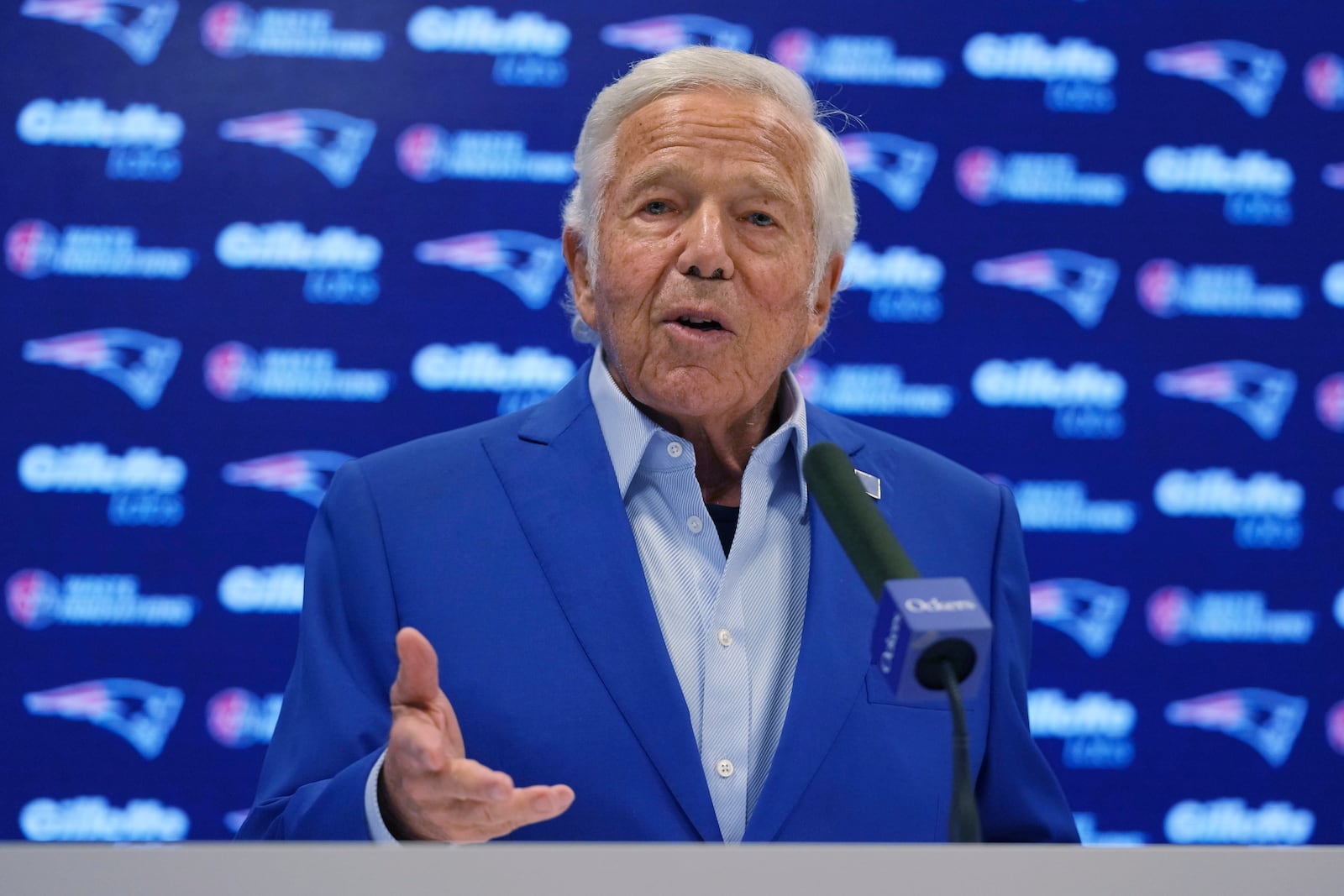 New England Patriots owner Robert Kraft answers a question during a media availability, Monday, Jan. 6, 2025, in Foxborough, Mass. (AP Photo/Charles Krupa)