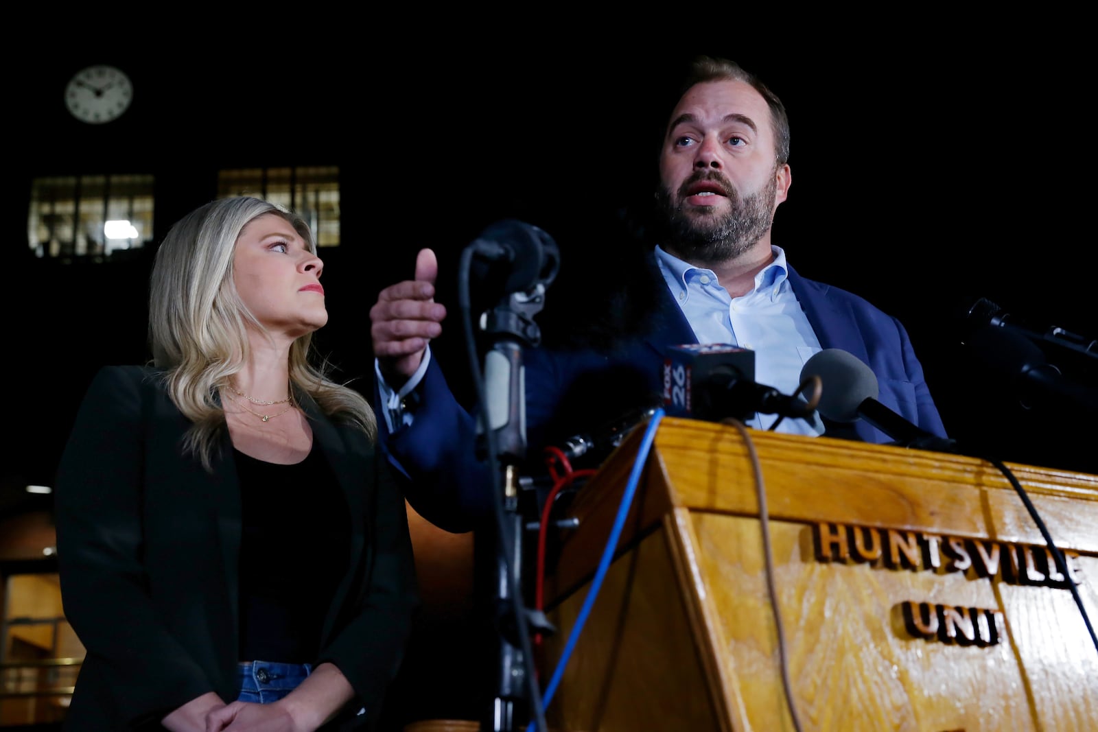 FILE - Texas state representatives Lacey Hull, left, and John Bucy III comment during a press conference after the stay granted by the Texas Supreme Court to halt the execution of Robert Roberson, at the Huntsville Unit of the Texas State Penitentiary, Thursday, Oct. 17, 2024, in Huntsville, Texas. (AP Photo/Michael Wyke, File)