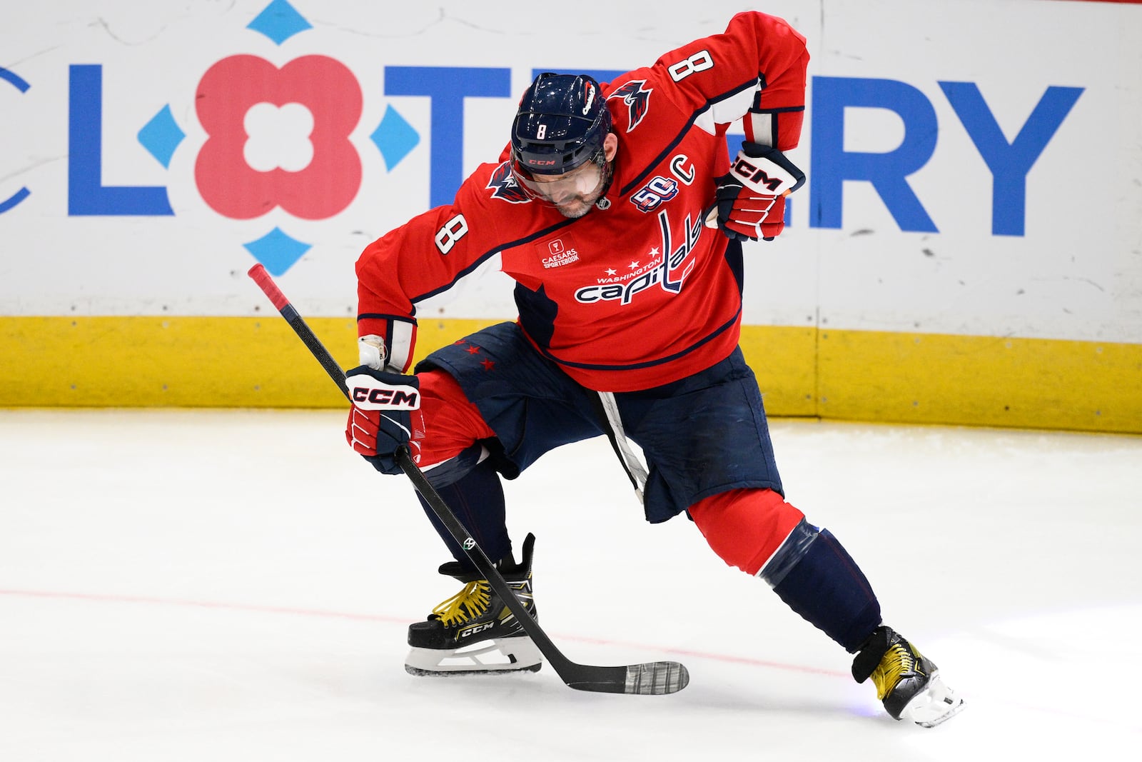 Washington Capitals left wing Alex Ovechkin celebrates his goal during the third period of an NHL hockey game against the Calgary Flames, Tuesday, Feb. 25, 2025, in Washington. (AP Photo/Nick Wass)