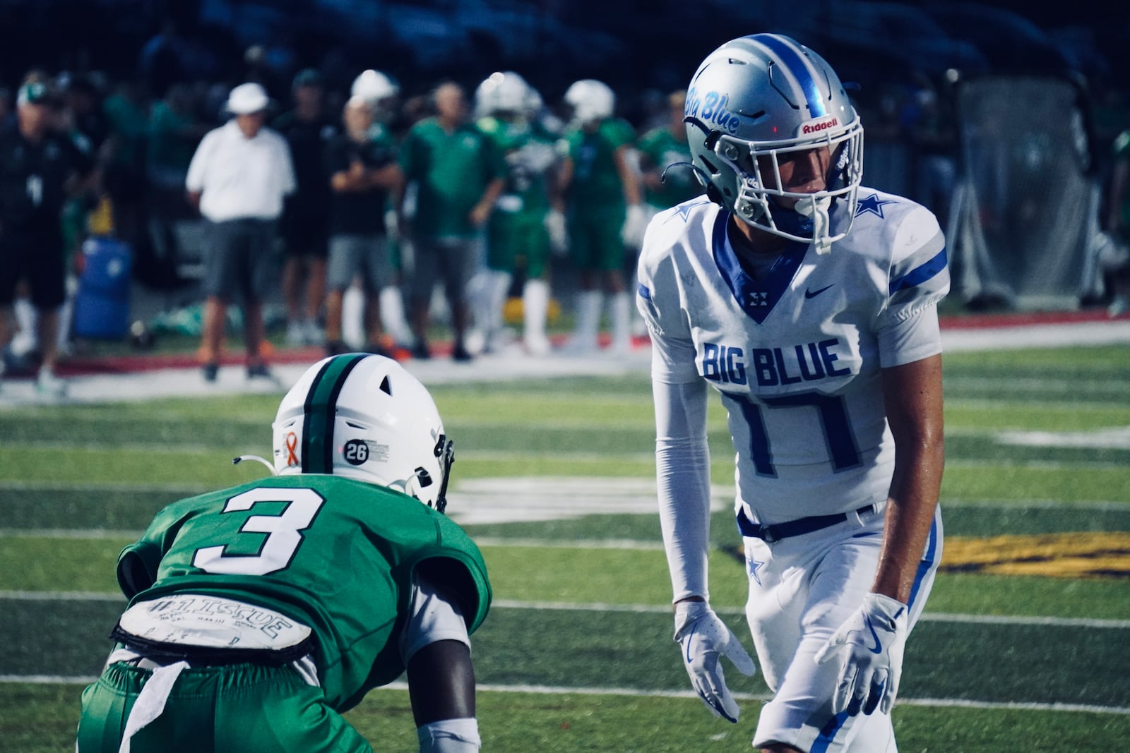 Hamilton's Cairon Navey (17) lines up in front of Badin's Kai Samples (3) during their season opener on Saturday night at Fairfield Alumni Stadium. Chris Vogt/CONTRIBUTED