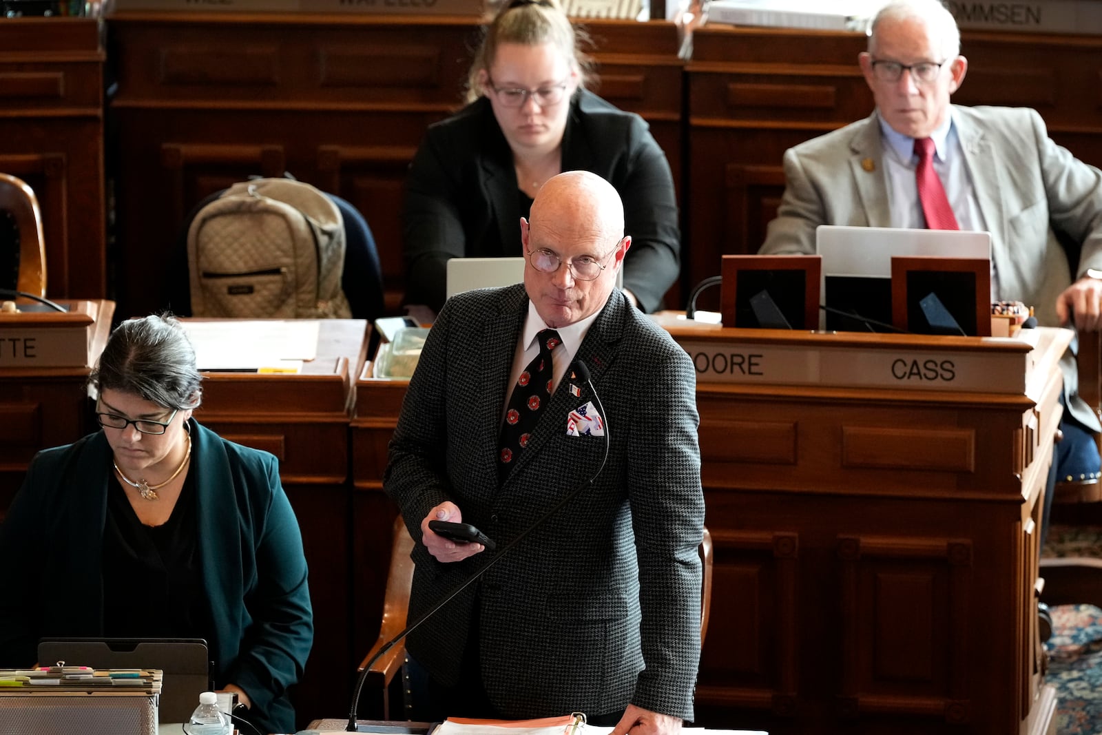 Rep. Steven Holt, R-Denison, speaks during debate on the gender identity bill, Thursday, Feb. 27, 2025, at the Statehouse in Des Moines, Iowa. (AP Photo/Charlie Neibergall)