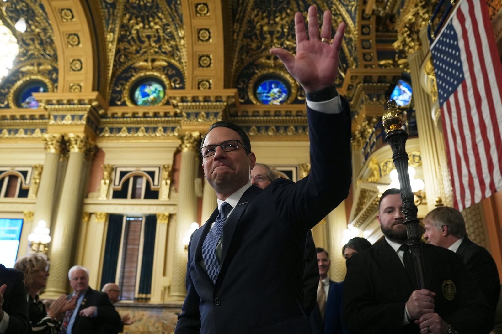 Pennsylvania Gov. Josh Shapiro arrives to deliver his budget address for the 2025-26 fiscal year to a joint session of the state House and Senate at the Capitol is seen, Tuesday, Feb. 4, 2025, in Harrisburg, Pa. (AP Photo/Matt Rourke)