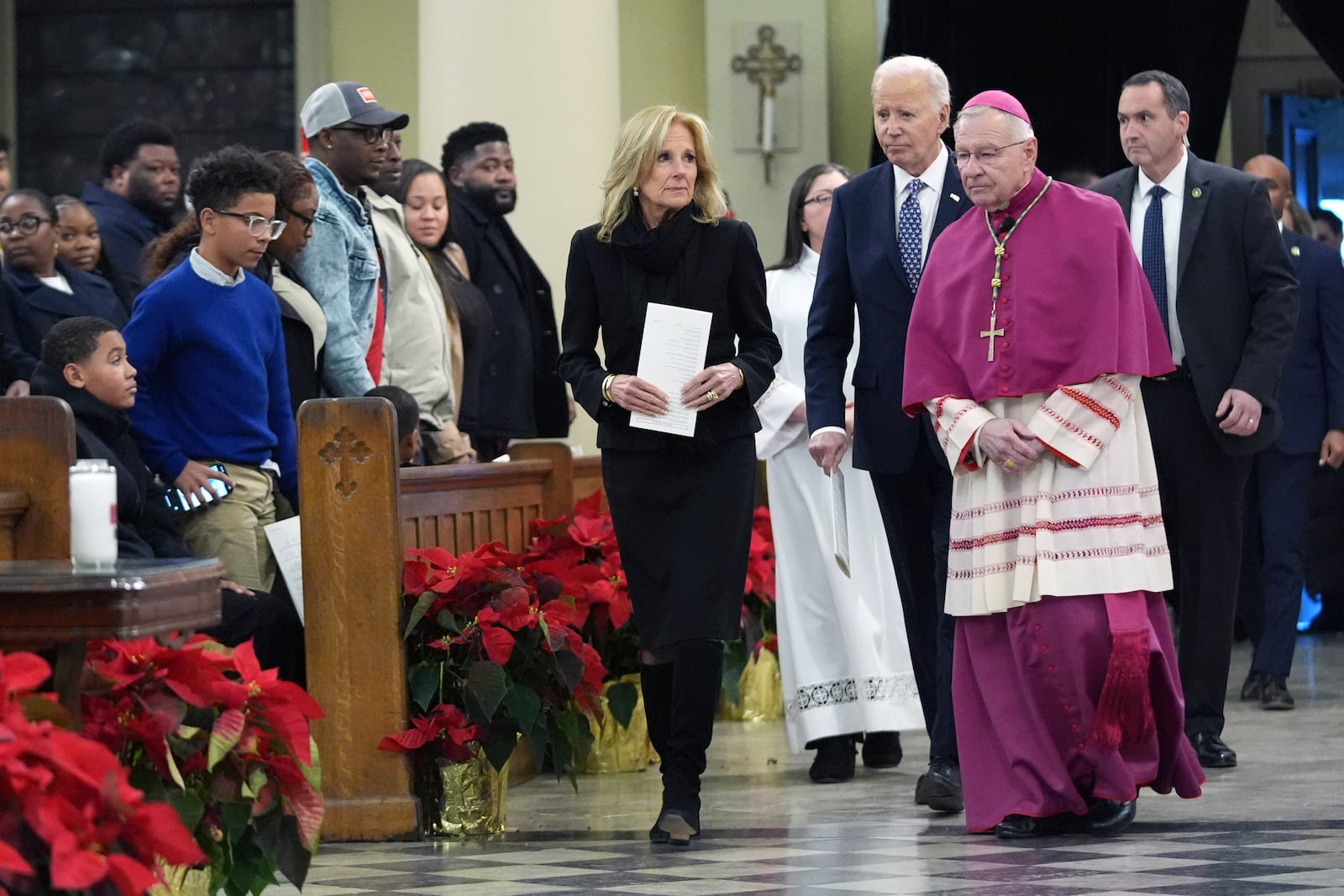 President Joe Biden and first lady Jill Biden arrive to participate in an interfaith prayer service for the victims of the deadly New Years truck attack, at St. Louis Cathedral in New Orleans, Monday, Jan. 6, 2025. (AP Photo/Stephanie Scarbrough)