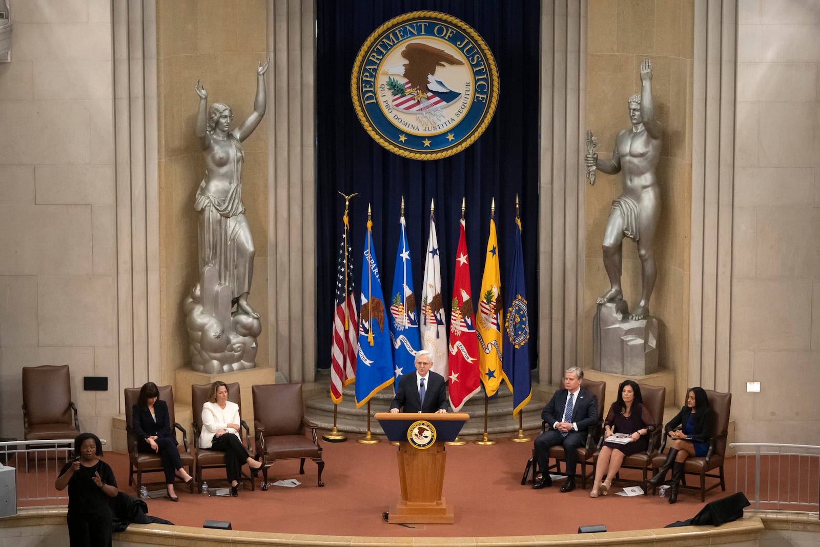 Attorney General Merrick Garland speaks during a farewell ceremony at the Department of Justice, Thursday, Jan. 16, 2025, in Washington. (AP Photo/Mark Schiefelbein)