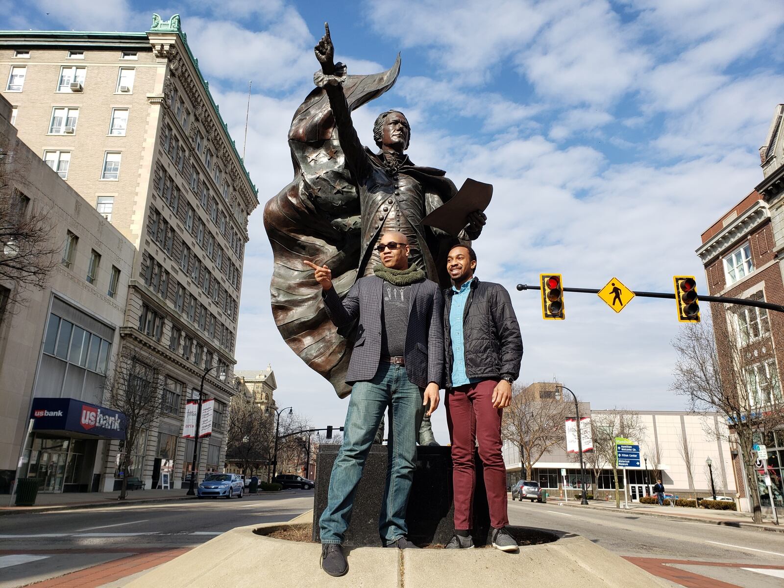 The actors who portray George Washington (Paul Oakley Stovall (left) and Alexander Hamilton (Edred Utomi) in the musical "Hamilton" playing in Cincinnati visited Hamilton on Wednesday, Feb. 27, 2019. NICK GRAHAM / STAFF