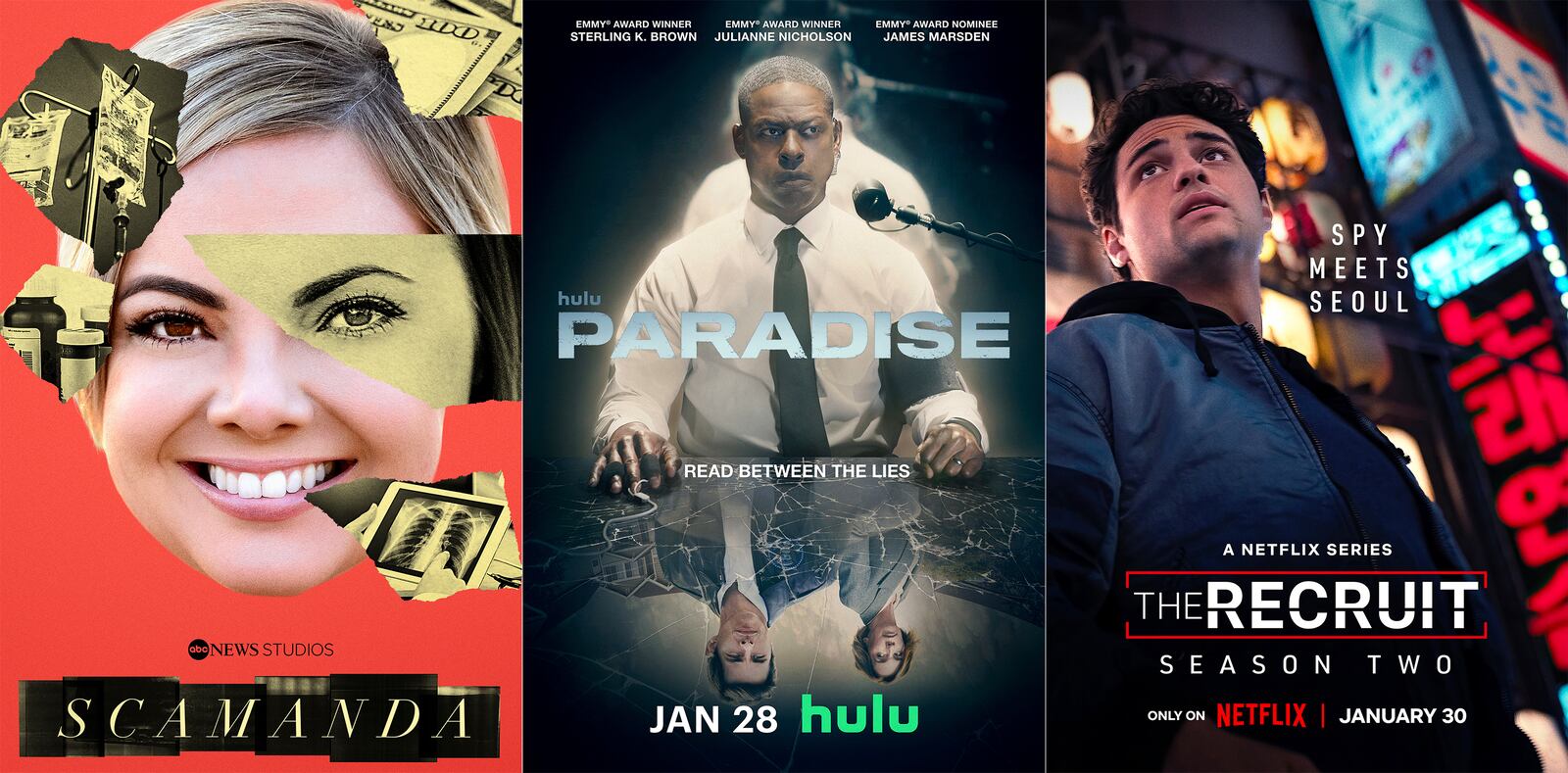 This combination of images shows promotional art for the series "Scamanda," from left, "Paradise," and "The Recruit." (ABC/Hulu/Netflix via AP)