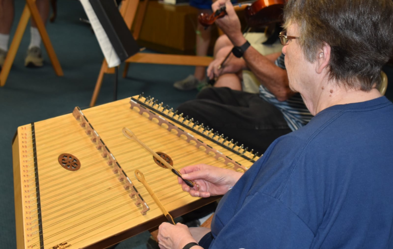 Hammered dulcimers, with 40+ strings, are more advanced instruments played with spoon-shaped mallets. CONtRIBUTED