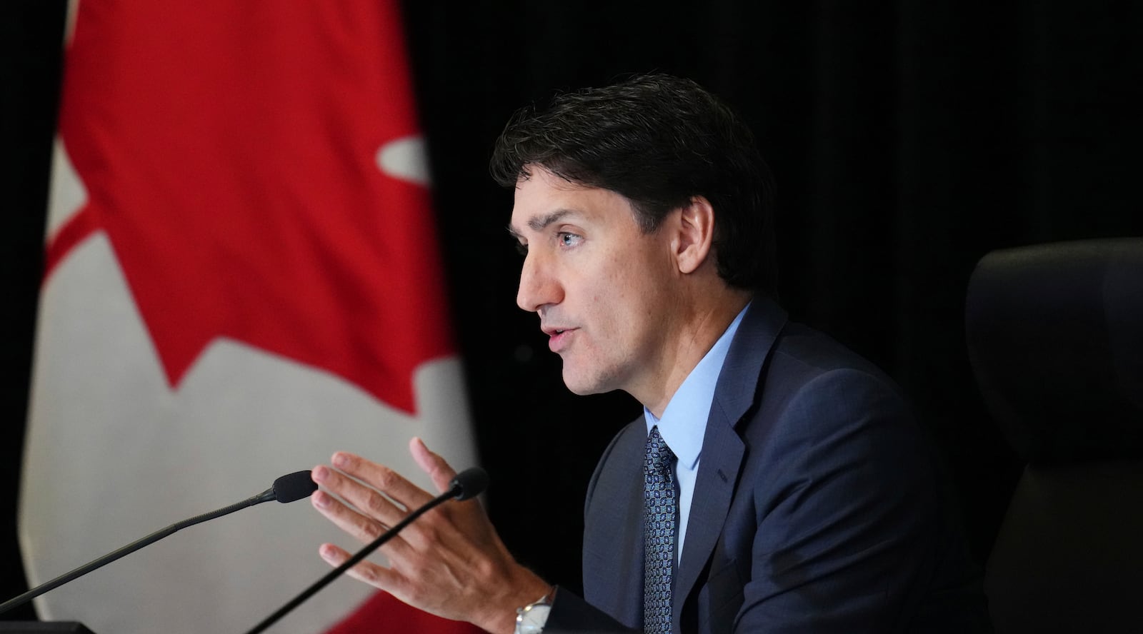 Prime Minister Justin Trudeau appears as a witness at the federal inquiry into foreign interference in Ottawa on Wednesday, Oct. 16, 2024.(Sean Kilpatrick /The Canadian Press via AP)