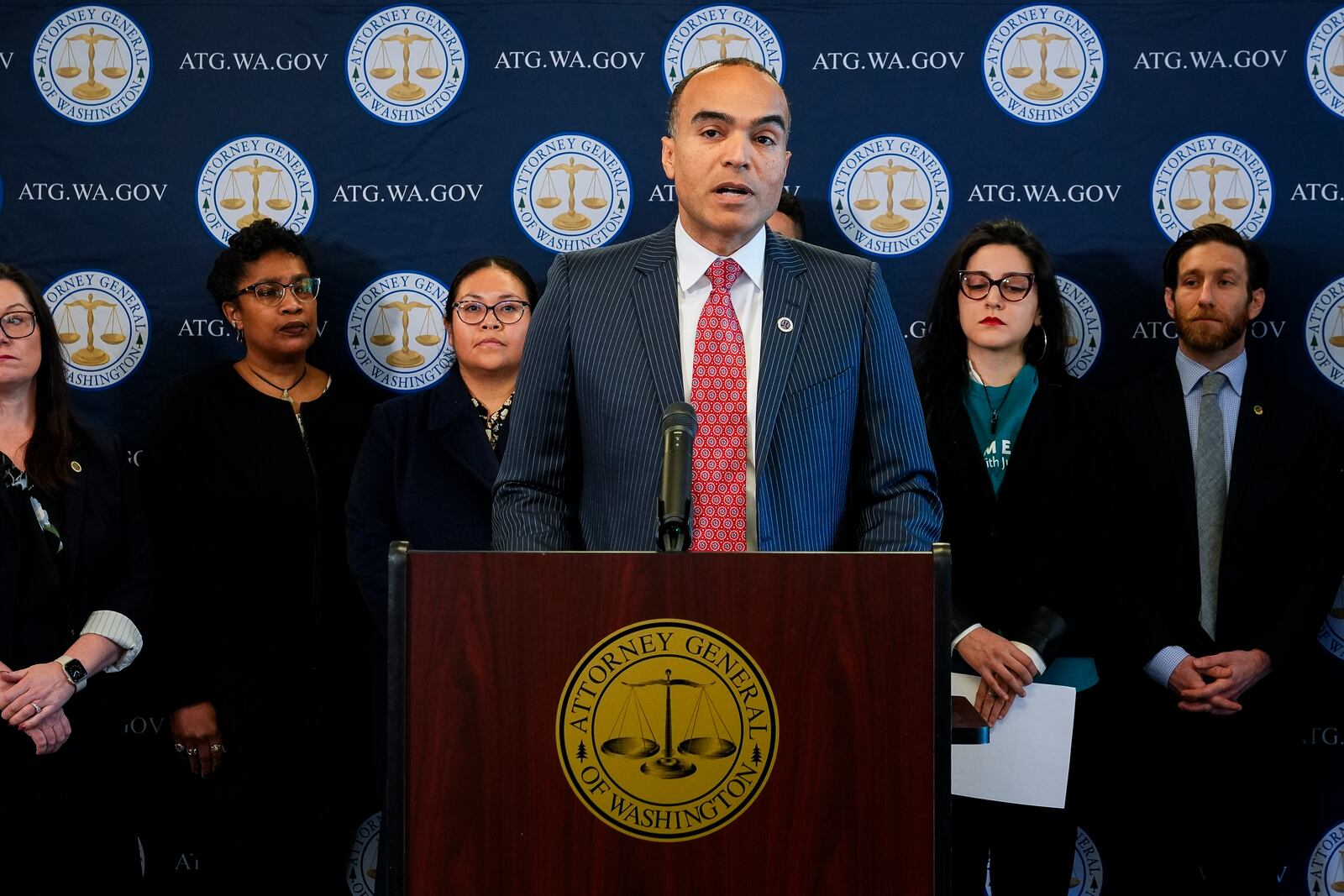 Washington Attorney General Nick Brown speaks during a news conference announcing that Washington will join a federal lawsuit to challenge President Donald Trump's executive order to end birthright citizenship Tuesday, Jan. 21, 2025, in Seattle. (AP Photo/Lindsey Wasson)