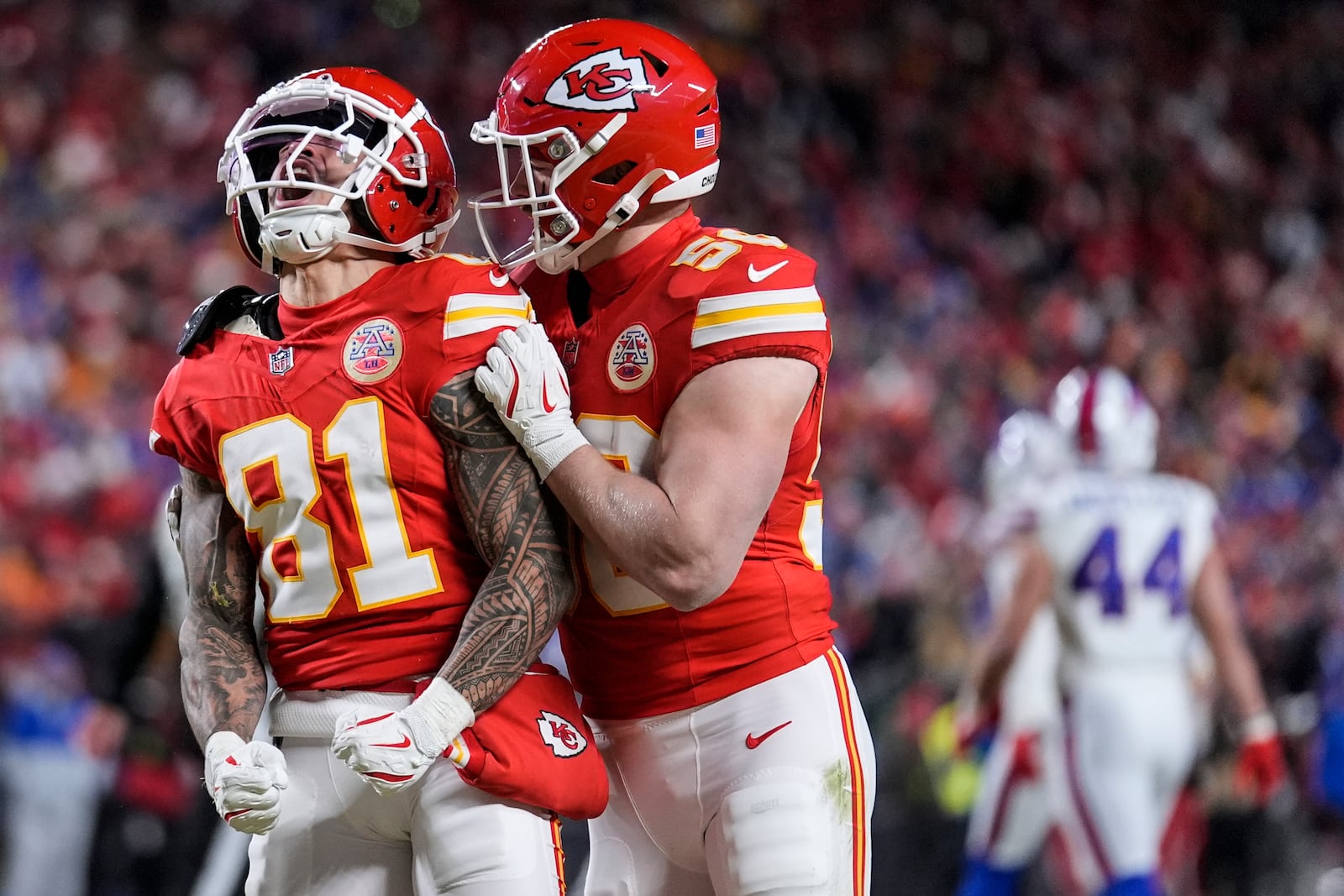 Kansas City Chiefs wide receiver Nikko Remigio (81) celebrates a punt return against the Buffalo Bills during the first half of the AFC Championship NFL football game, Sunday, Jan. 26, 2025, in Kansas City, Mo. (AP Photo/Ashley Landis)