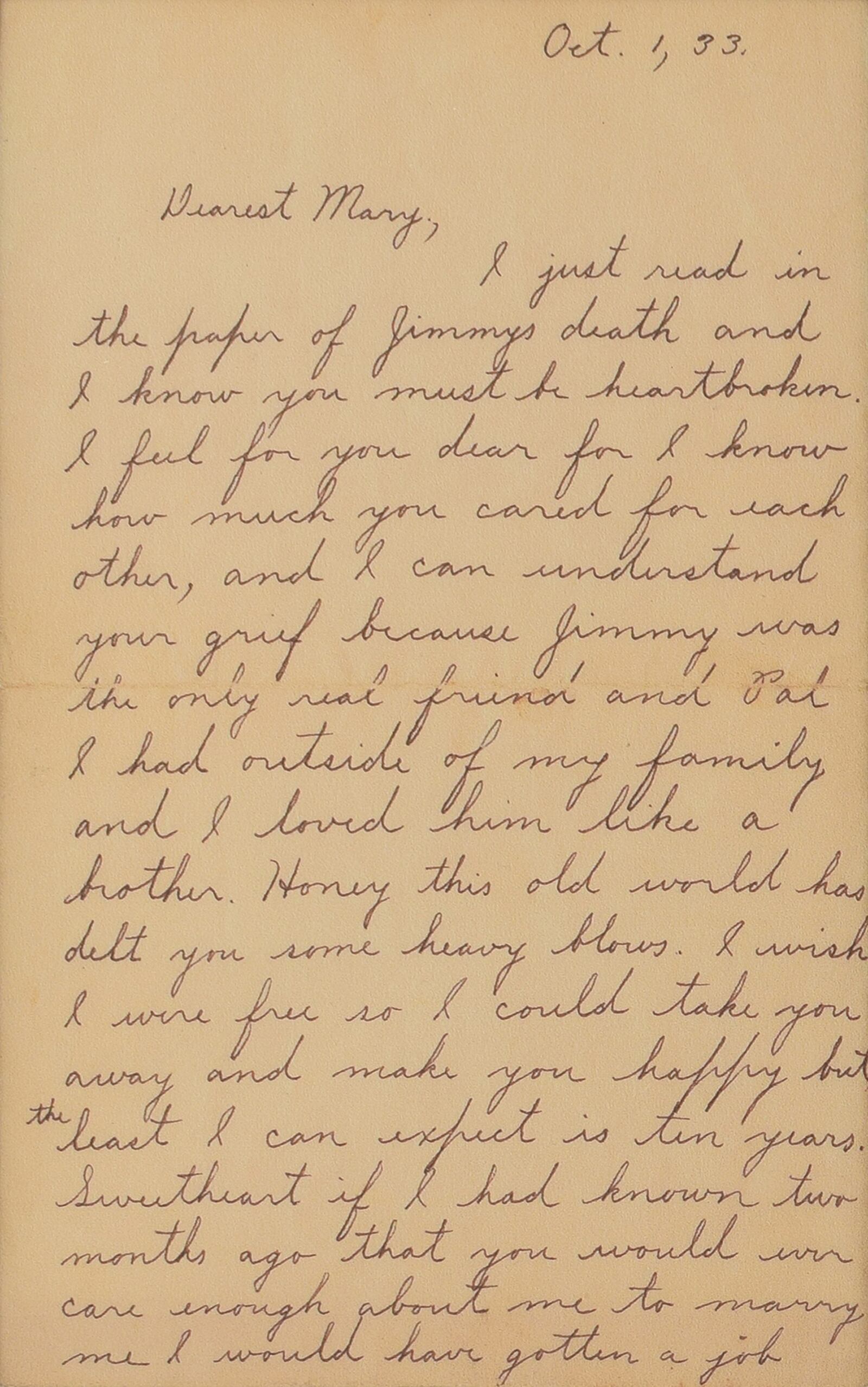 A letter written by the gangster John Dillinger to the Dayton woman he loved, Mary Longnacker, went up for bid by RR Auction.