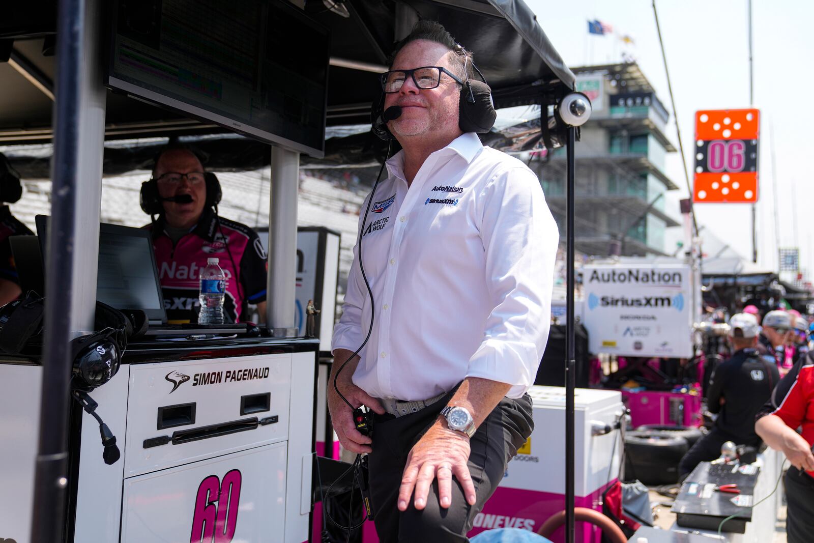 FILE - Car owner Michael Shank watches from the pit area during practice for the Indianapolis 500 auto race at Indianapolis Motor Speedway in Indianapolis, May 17, 2023. (AP Photo/Michael Conroy, File)