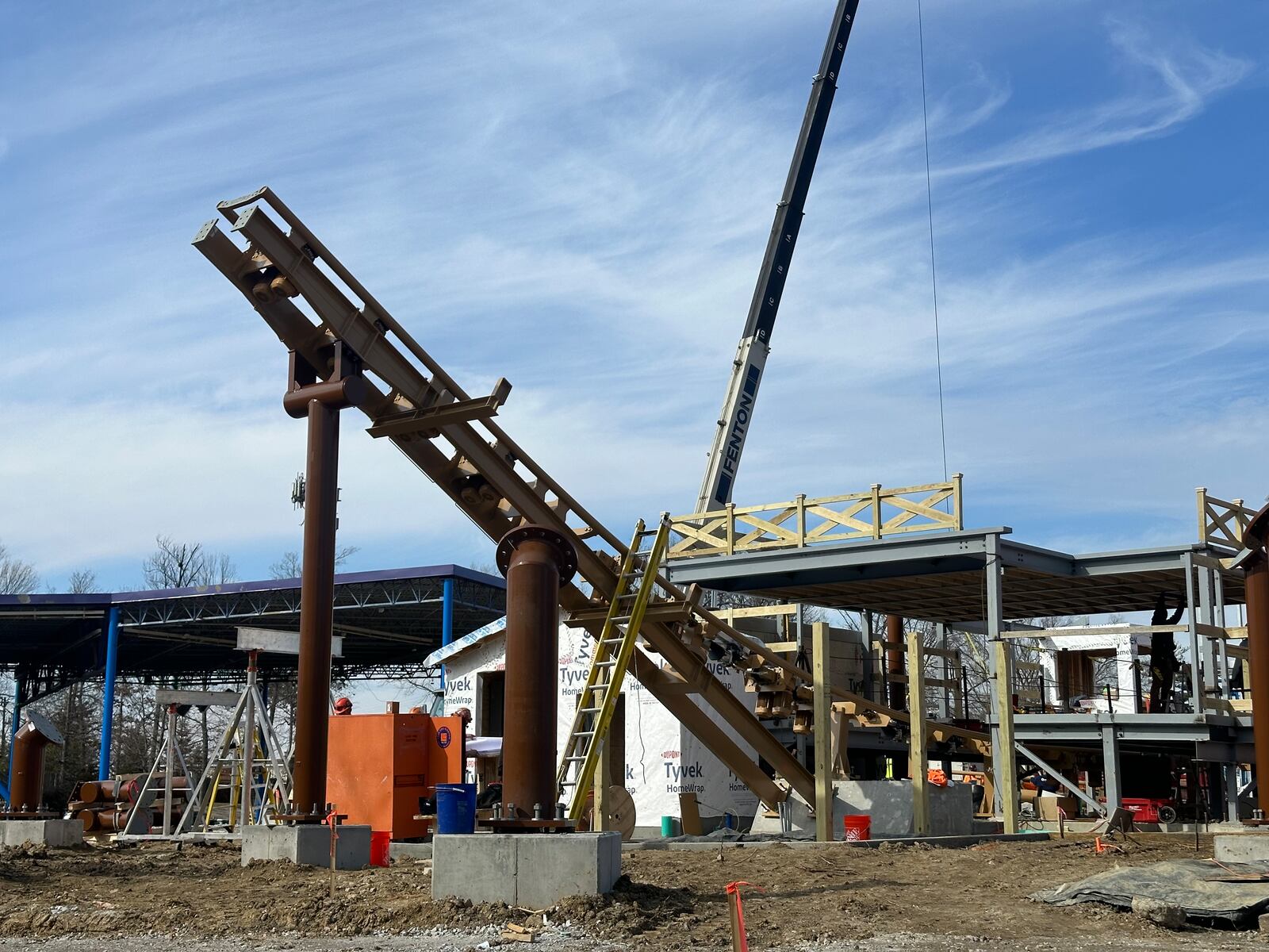 Kings Island works in February 2024 to install track for Snoopy's Soap Box Racers, a roller coaster being built in the new Camp Snoopy area of the park. CONTRIBUTED