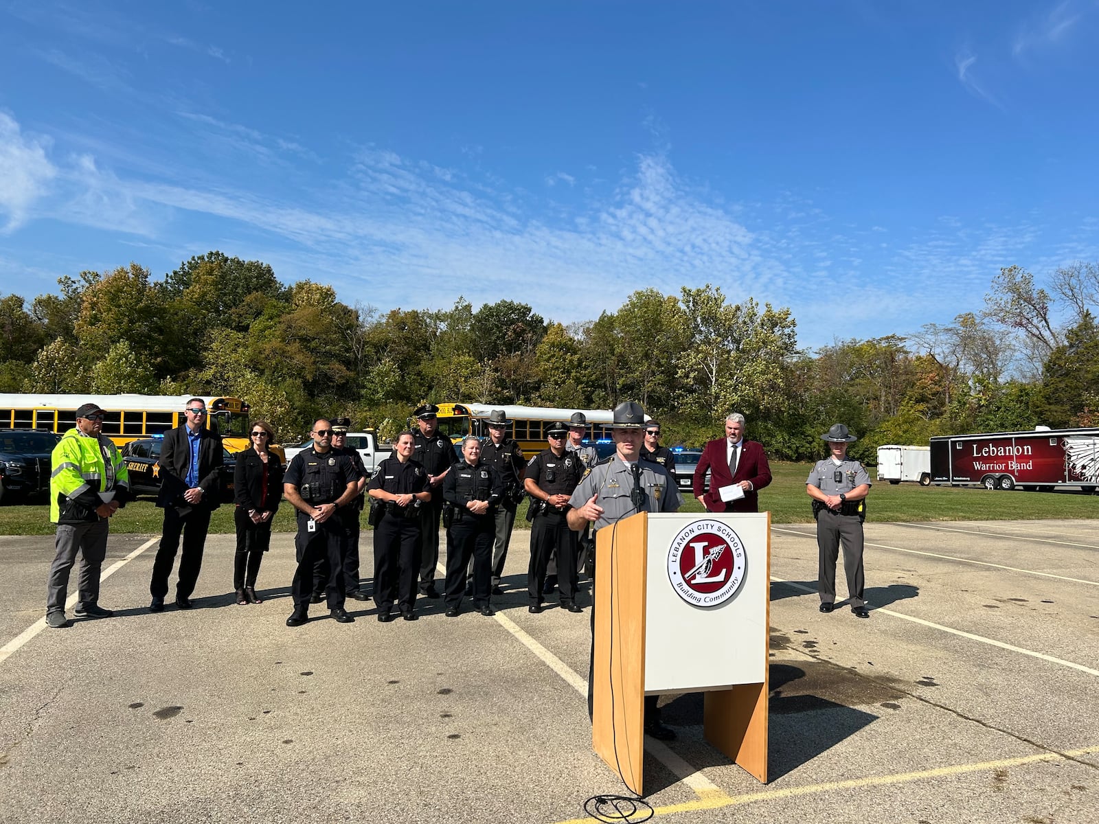 Ohio State Highway Patrol Lt. Matt Schmenk speaks to the media on Oct. 13 about school bus safety.