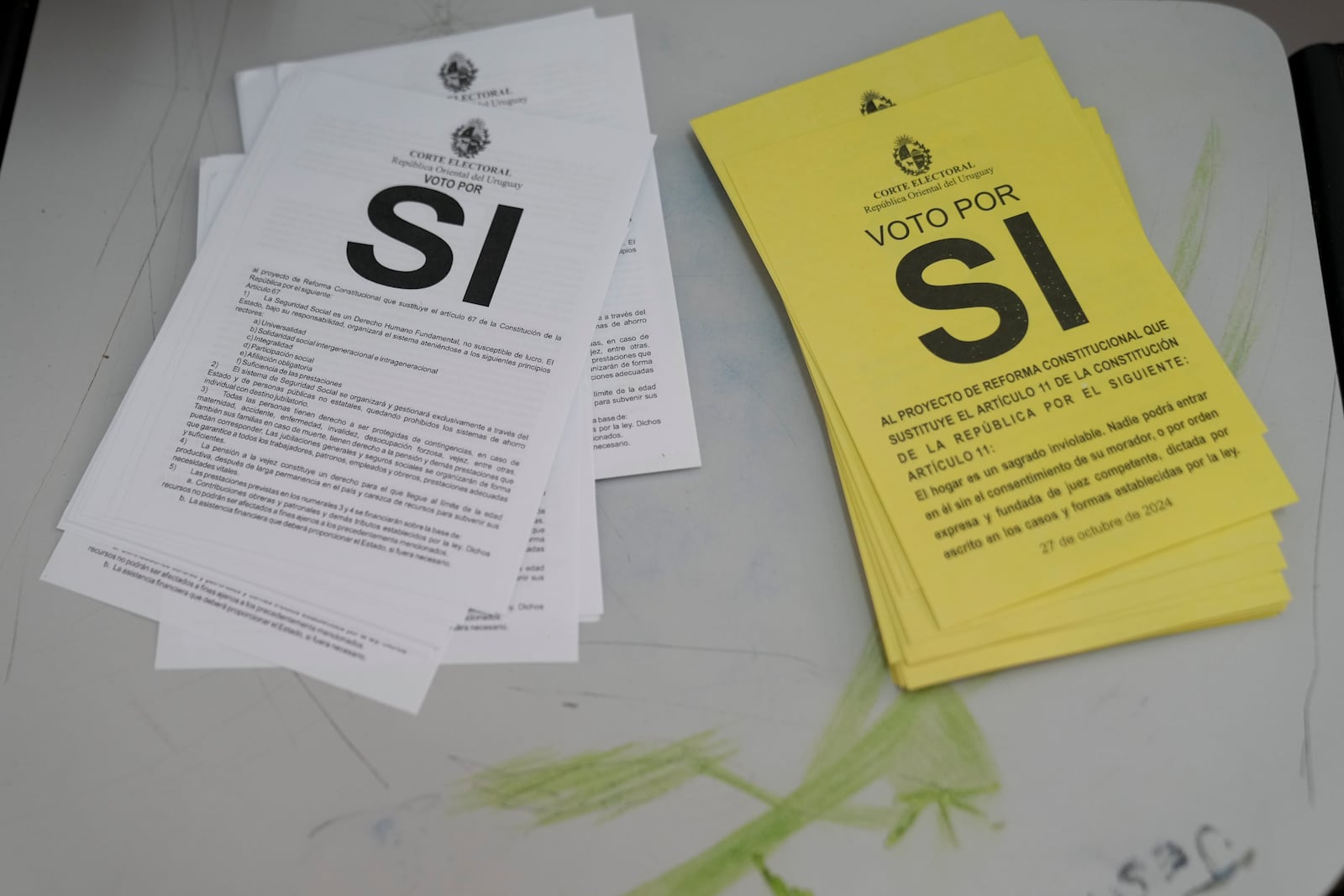 Referendum ballots sit on a table at a polling station during general elections in Canelones, Uruguay, Sunday, Oct. 27, 2024. (AP Photo/Matilde Campodonico)