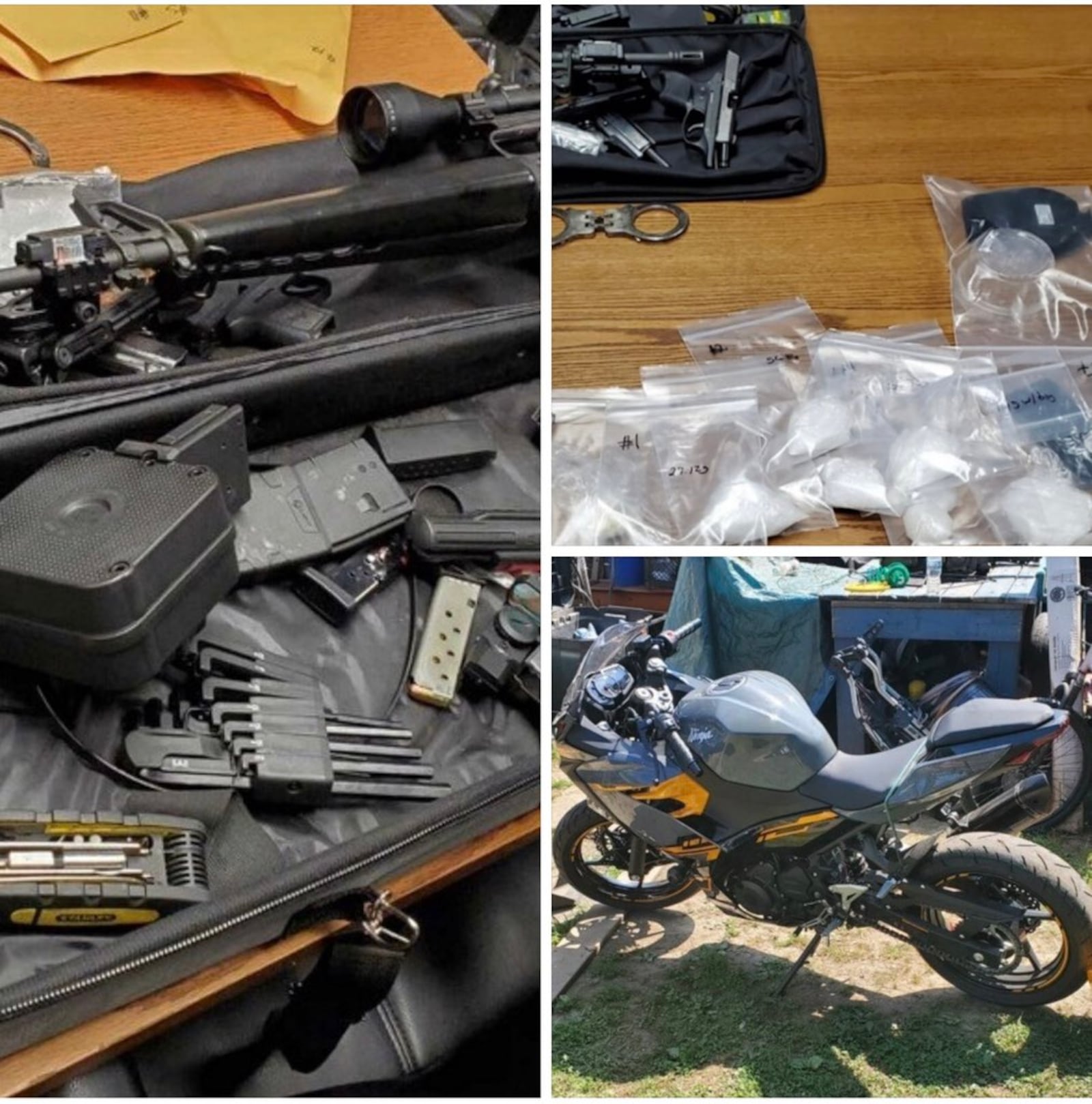 Police arresting a man for an alleged motorcycle theft found weapons, vehicles and meth in a home on Cleveland Street in Middletown, police said. CONTRIBUTED