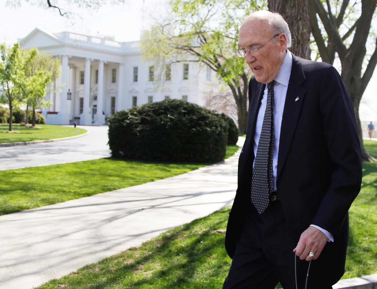 FILE - Alan Simpson, co-chairman of the president's deficit reduction commission, leaves the White House in Washington, April 14, 2011, after a meeting with President Barack Obama in the Oval Office. Simpson has died at age 93. (AP Photo/Carolyn Kaster, File)