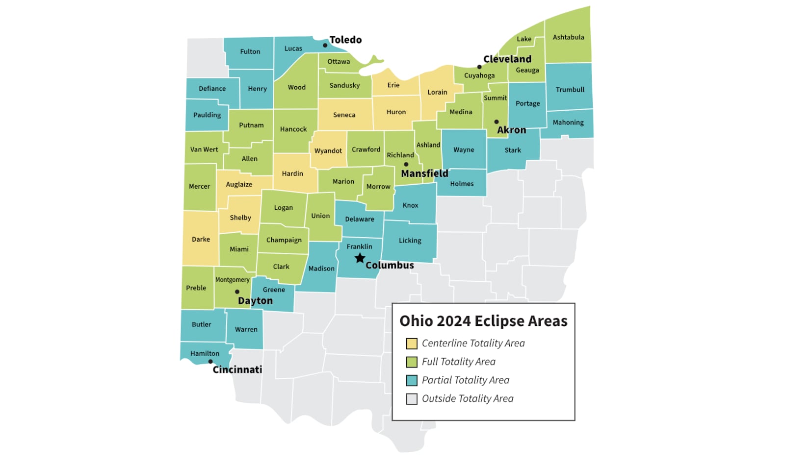 Ohio.org is offering a digital map to show the places where a total solar eclipse on April 8, 2024 will be visible in the state. The yellow portion is the path of totality, where folks will experience complete darkness. CREDIT: https://ohio.org/home/eclipse/eclipse