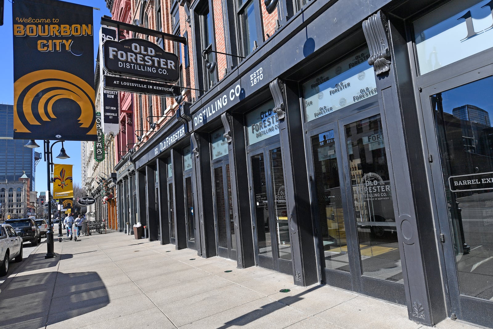 The Old Forester distillery and visitors center are seen on Whiskey Row in Louisville, Ky., Monday, Feb. 3, 2025. Kentucky distillers produce 95% of the global bourbon supply, and many of the Canadian Provinces planned to remove American liquor brands from government store shelves. (AP Photo/Timothy D. Easley)