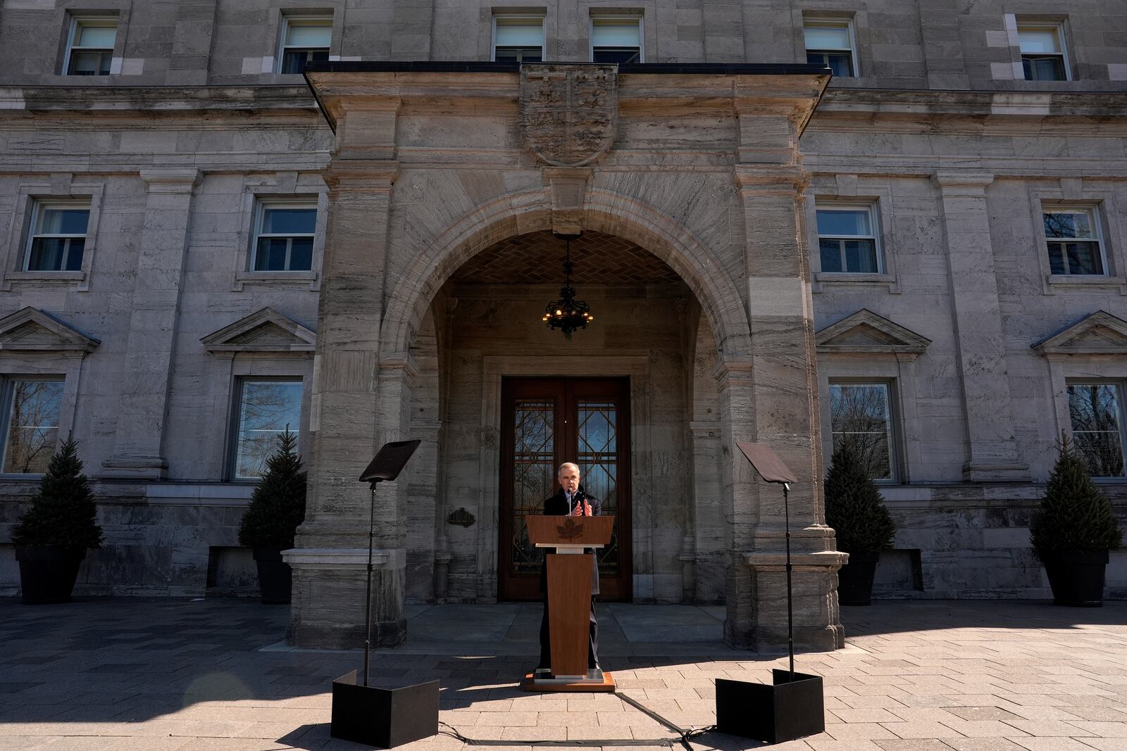 Canada Prime Minister Mark Carney speaks to media at Rideau Hall, where he asked the Governor General to dissolve Parliament and call an election, in Ottawa, Sunday, March 23, 2025. (Adrian Wyld/The Canadian Press via AP)