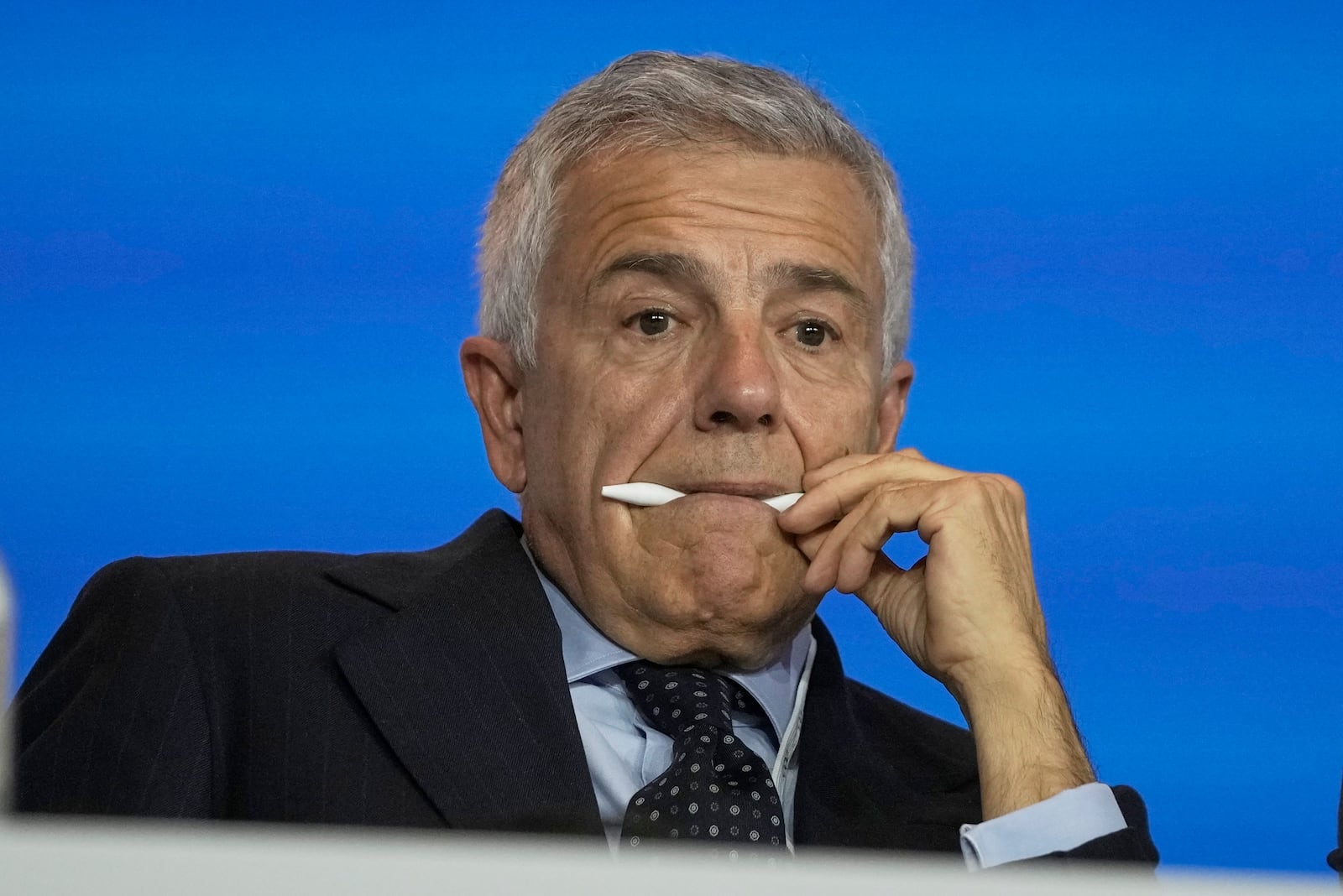 Candidate Juan Antonio Samaranch waits for the announcement of the new IOC President at the International Olympic Committee 144th session in Costa Navarino, western Greece, Thursday, March 20, 2025. (AP Photo/Thanassis Stavrakis)