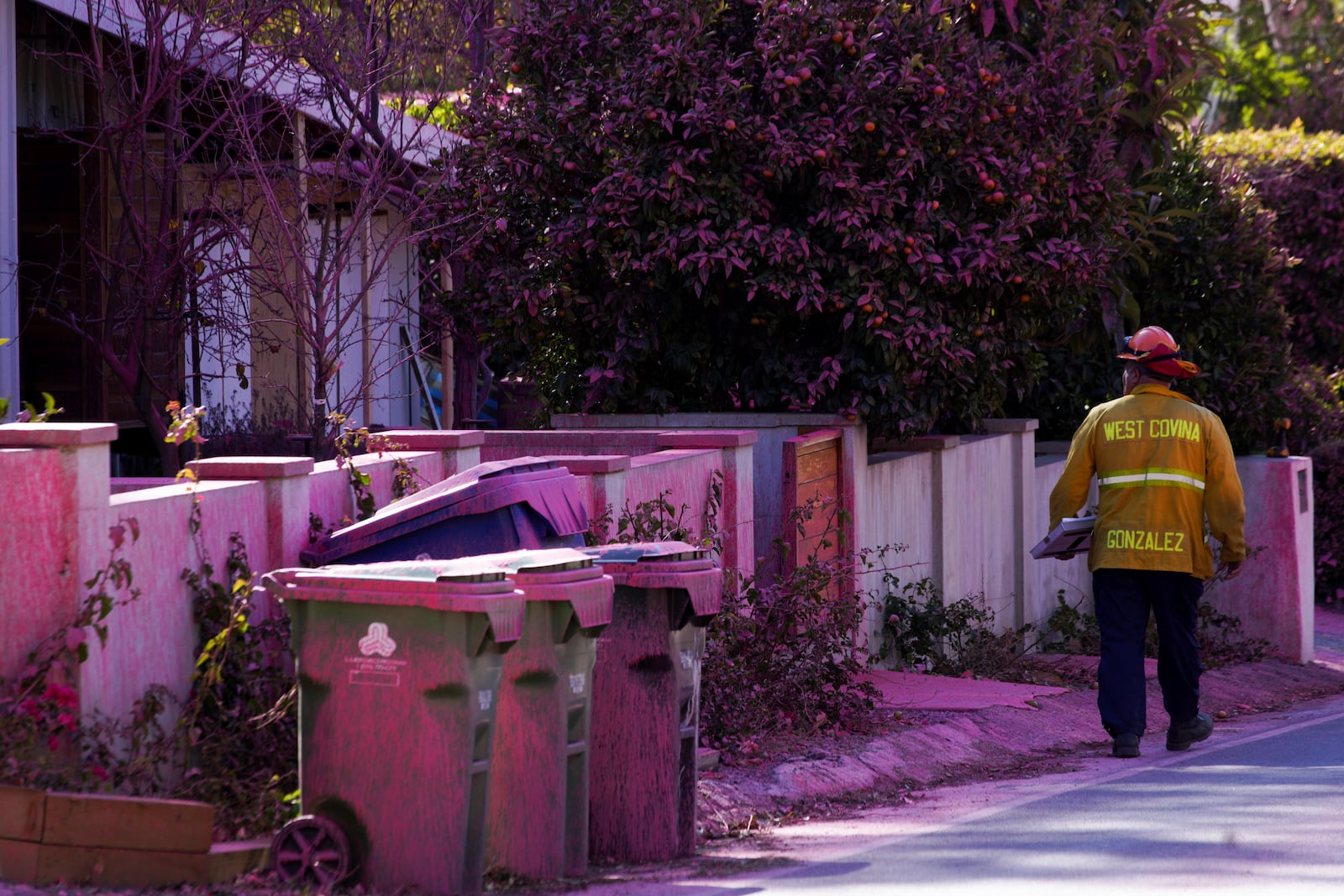 Retardant covers the front of a property after crews battled the Palisades Fire in Mandeville Canyon Monday, Jan. 13, 2025, in Los Angeles. (AP Photo/Richard Vogel)