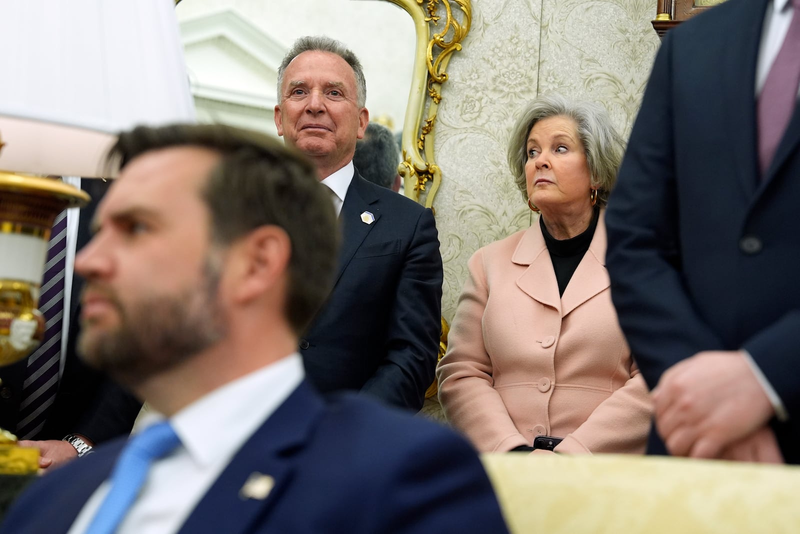 Vice President JD Vance, White House national security adviser Mike Walz and White House chief of staff Susie Wiles listen as President Donald Trump meets with Israel's Prime Minister Benjamin Netanyahu in the Oval Office of the White House, Tuesday, Feb. 4, 2025, in Washington. (AP Photo/Evan Vucci)