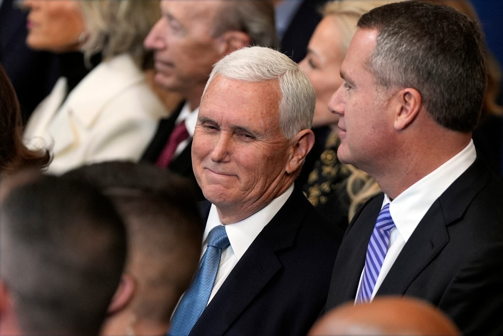 Former Vice President Mike Pence arrives before the 60th Presidential Inauguration in the Rotunda of the U.S. Capitol in Washington, Monday, Jan. 20, 2025. (AP Photo/Julia Demaree Nikhinson, Pool)