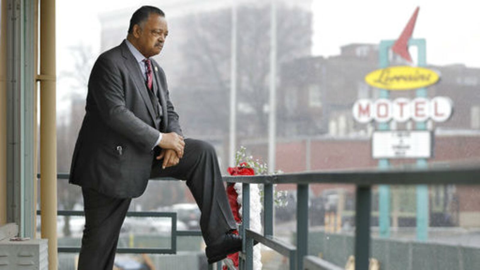 The Rev. Jesse Jackson stands on the balcony at the Lorraine Motel where the Rev. Martin Luther King Jr. was assassinated on April 4, 1968, in Memphis, Tenn. Jackson was at the motel when King, who was staying in Room 306, was struck down by a sniper's bullet. The former motel, along with the rooming house from which the shot was fired, are now part of the National Civil Rights Museum.