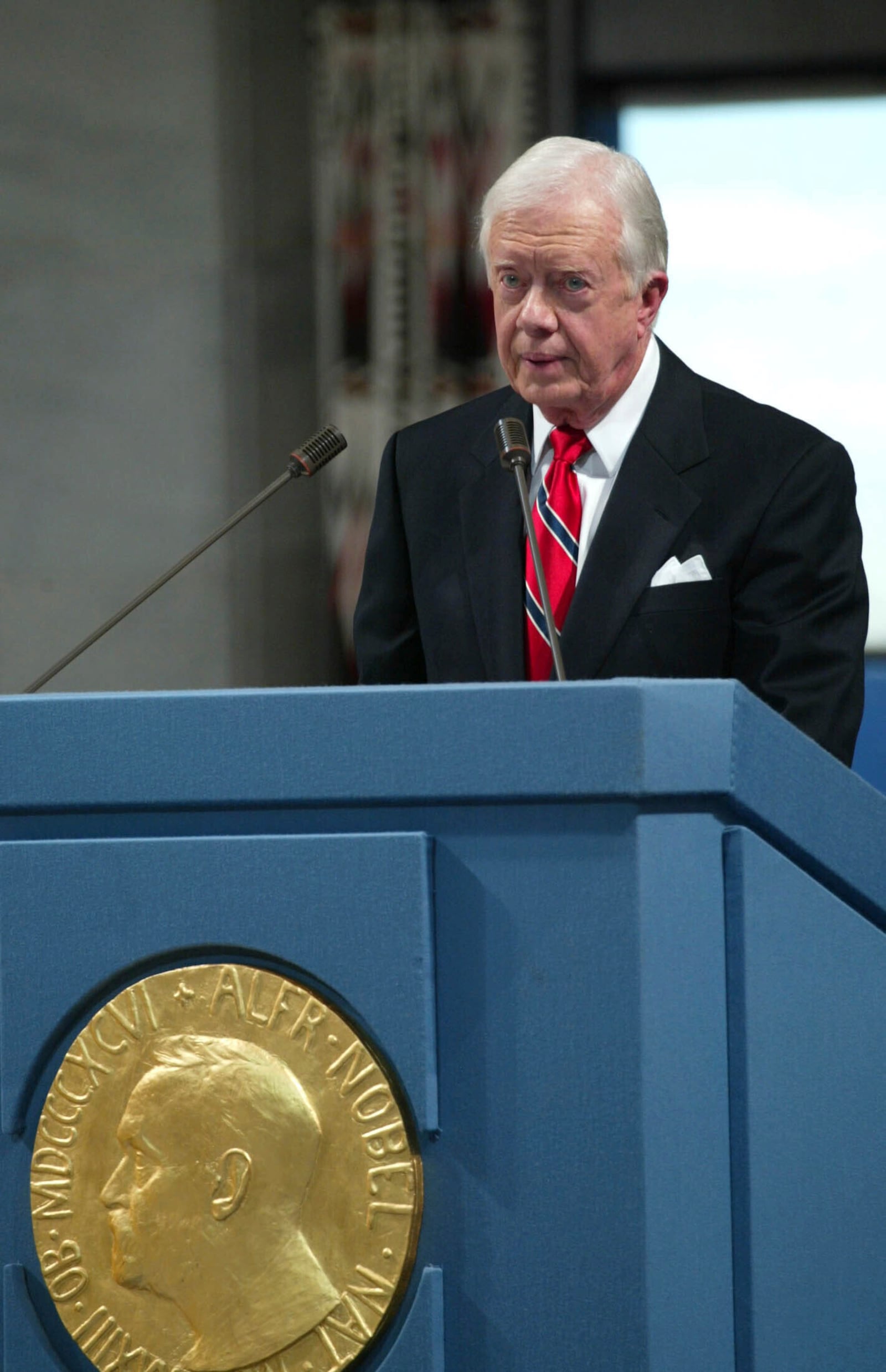 FILE - Former President Jimmy Carter gives a speech after receiving the 2002 Nobel Peace Prize at Oslo City Hall in Oslo, Norway, Dec. 10, 2002. (AP Photo/Bjoern Sigurdsoen, Pool, File)