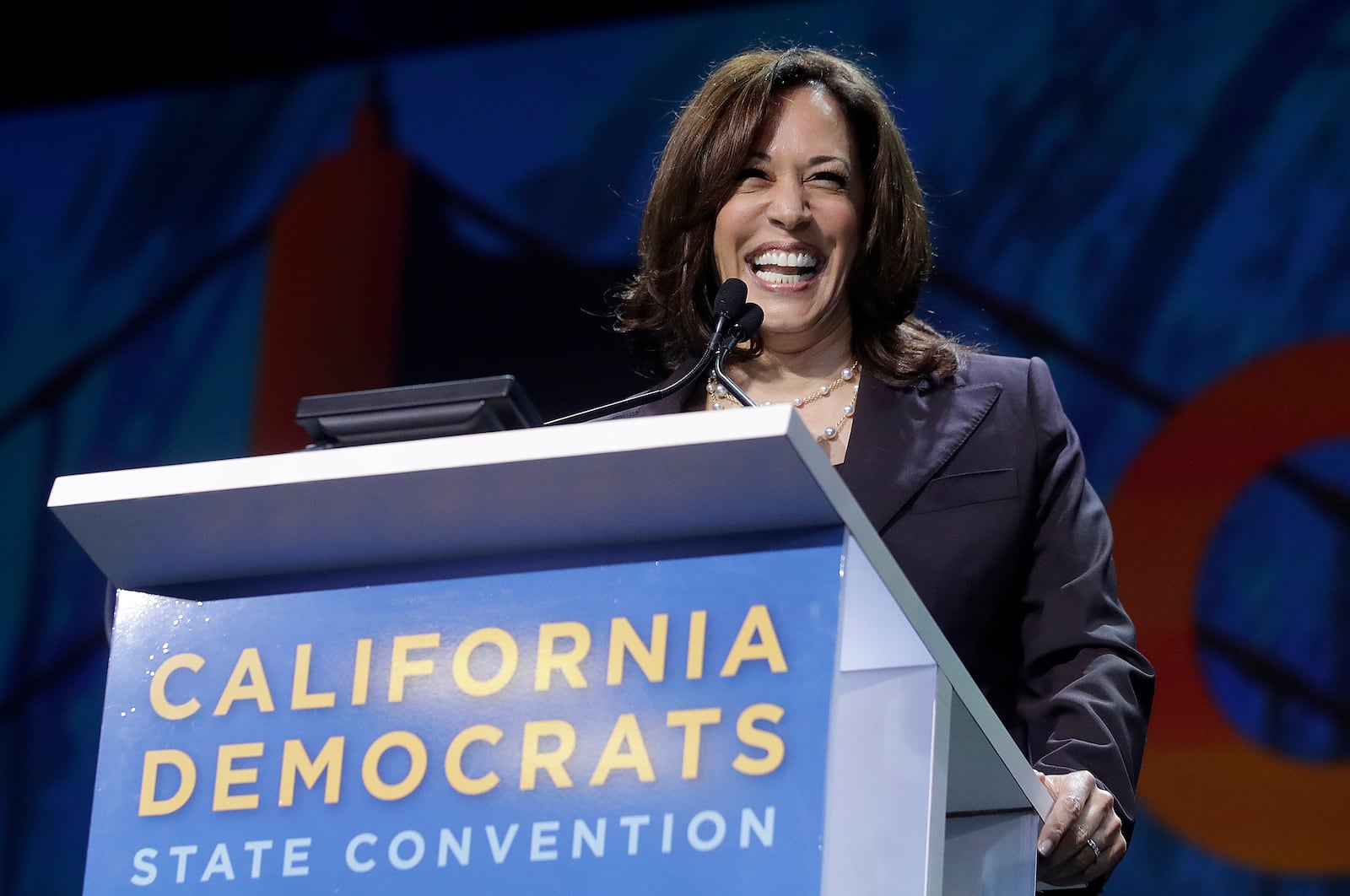 FILE - Democratic presidential candidate Sen. Kamala Harris, D-Calif., speaks during the California Democratic Party State Organizing Convention in San Francisco, June 1, 2019. (AP Photo/Jeff Chiu, File)