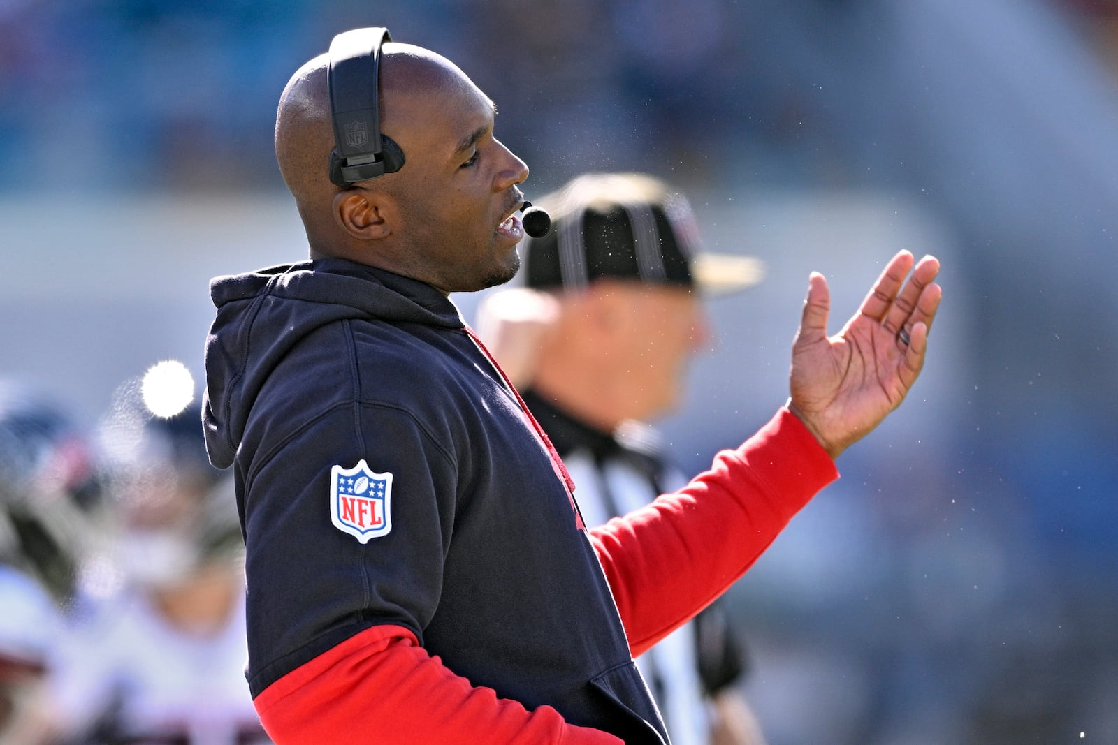 Houston Texans' head coach DeMeco Ryans reacts to a play against the Jacksonville Jaguars during the first half of an NFL football game Sunday, Dec. 1, 2024, in Jacksonville, Fla. (AP Photo/Phelan M. Ebenhack)