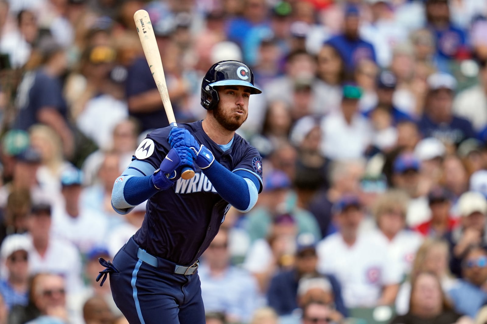 FILE - Chicago Cubs' Cody Bellinger hits a double during the fourth inning of a baseball game against the New York Yankees, Friday, Sept. 6, 2024, in Chicago. (AP Photo/Erin Hooley, File)