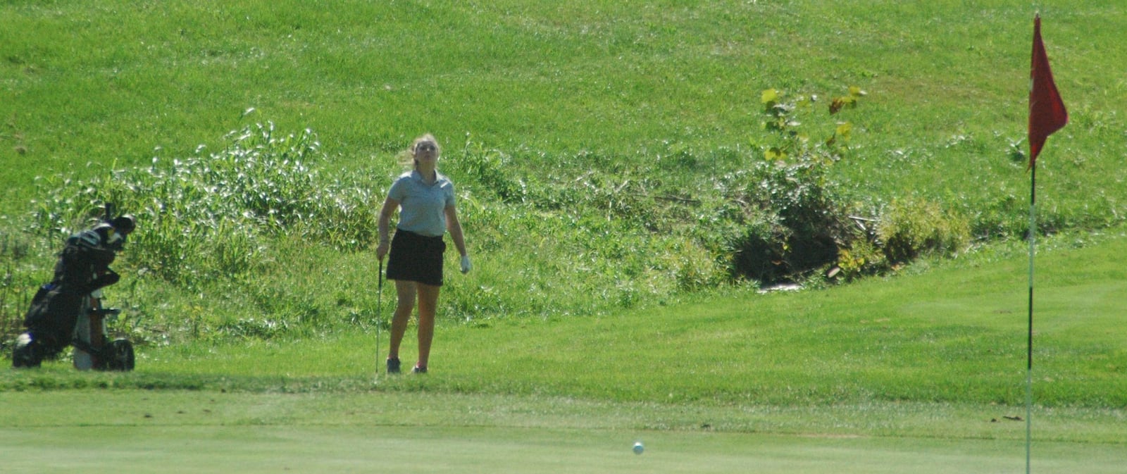 Lakota East’s Camryn Eddy has to look up to see her shot onto the 18th green Monday during the Division I sectional girls golf tournament at Walden Ponds Golf Club in Fairfield Township. RICK CASSANO/STAFF