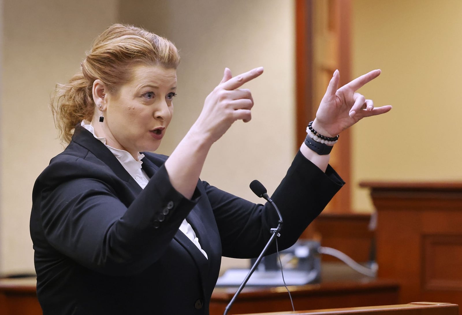 Assistant Butler County Prosecutor Katie Pridemore addressed the jury during opening statements Wednesday, Feb. 5, 2025, in the capital murder trial of Robbi Robinson. NICK GRAHAM/STAFF