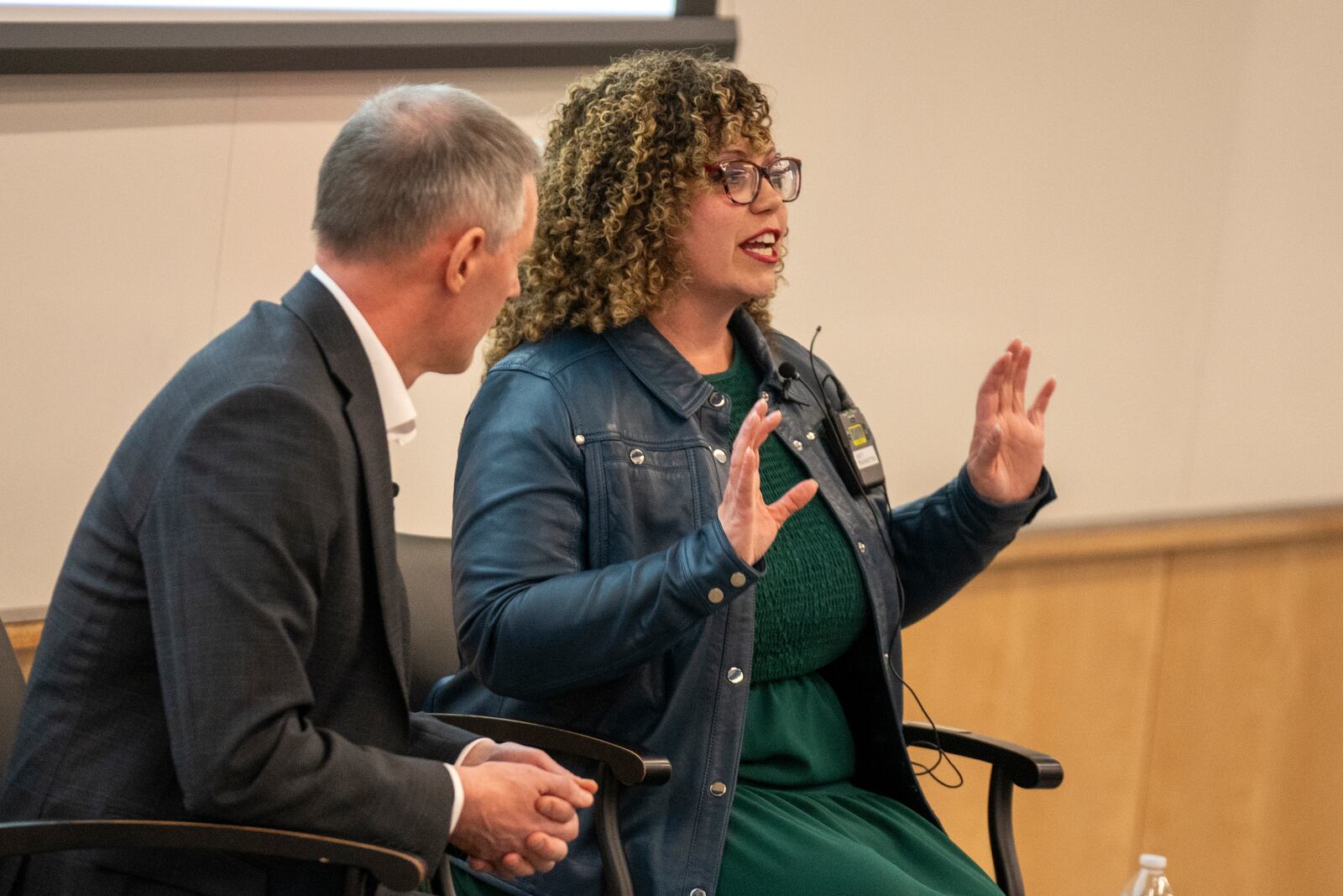 Reps. Mike Kennedy and Celeste Maloy, R-Utah, answer questions during a GOP town hall meeting Thursday, March 20, 2025, in Salt Lake City. (AP Photo/Rick Egan)