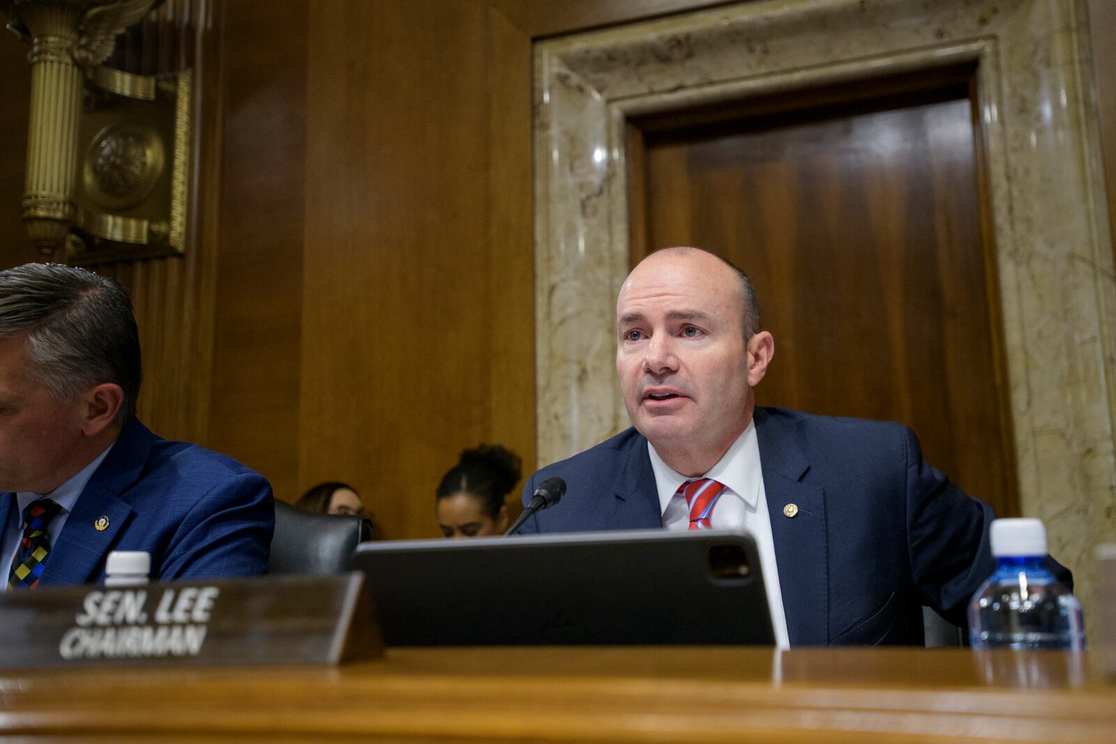 Senate Committee on Energy and Natural Resources Chairman Sen. Mike Lee, R-Utah, questions Chris Wright, President-elect Donald Trump's nominee to be Secretary of Energy during a Senate Committee on Energy and Natural Resources hearing for his pending confirmation on Capitol Hill, Wednesday, Jan. 15, 2025, in Washington. (AP Photo/Rod Lamkey, Jr.)