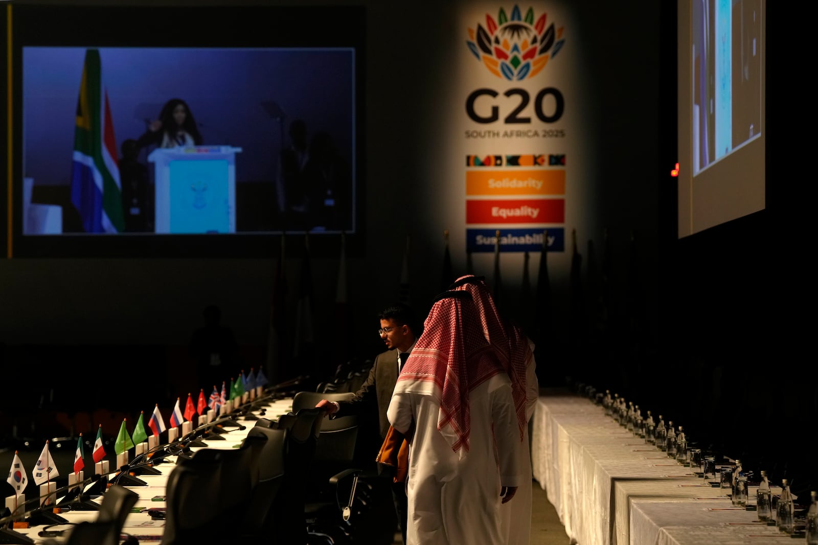 Delegates arrive at the G20 Finance Ministers and Central Bank Governors meeting in Cape Town, South Africa, Wednesday, Feb. 26, 2025. (AP Photo/Nardus Engelbrecht)