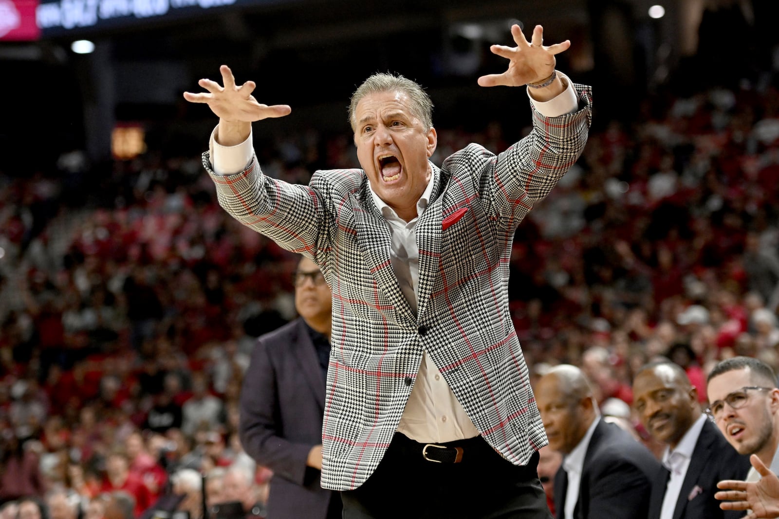 Arkansas coach John Calipari reacts to the officials call against Mississippi State during the second half of an NCAA college basketball game Saturday, March 8, 2025, in Fayetteville, Ark. (AP Photo/Michael Woods)